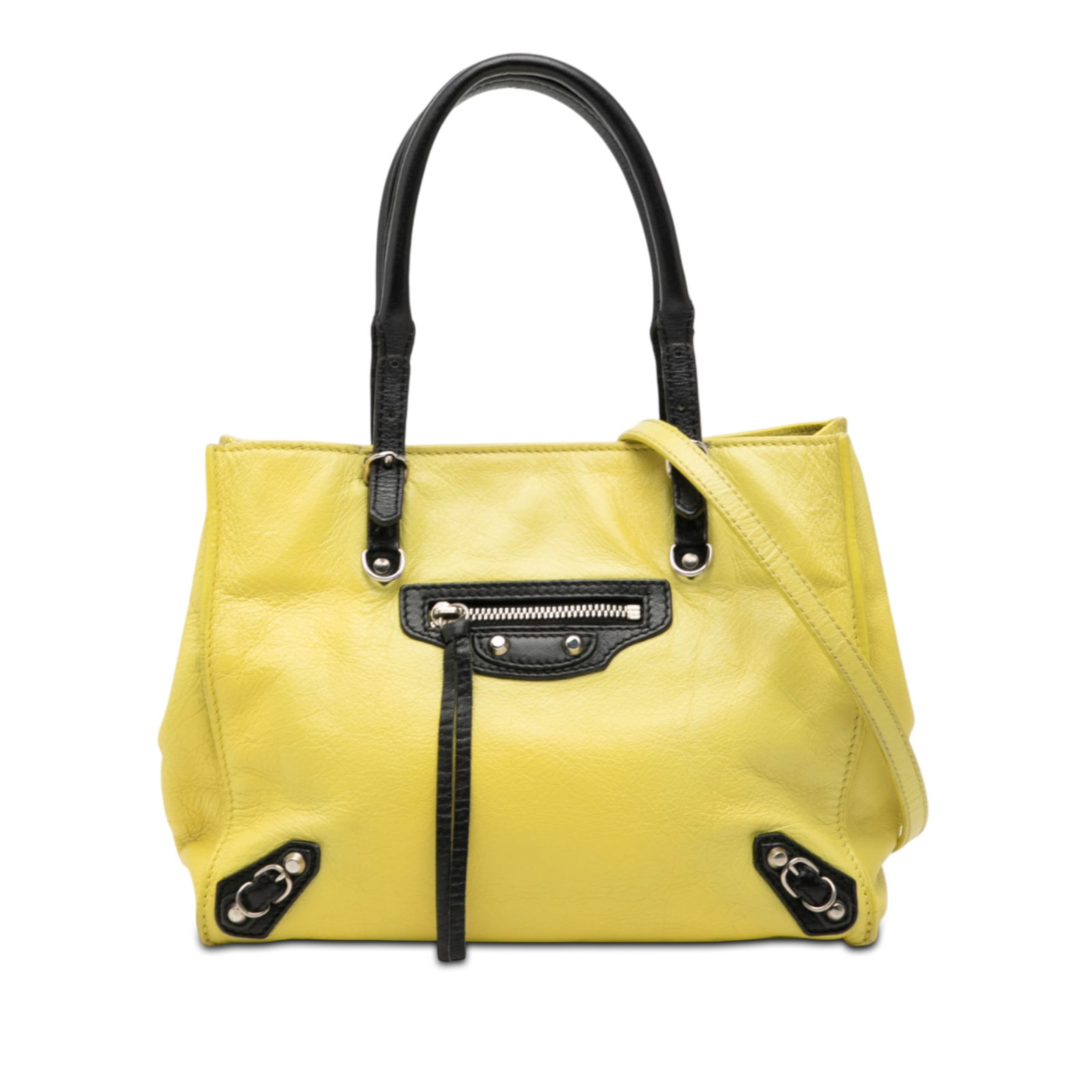 Balenciaga Mini Papier A4 Yellow Bicolor Leather Zip Tote Bag: Balenciaga Mini Papier A4 Yellow Bicolor Leather Zip Tote Bag This Balenciaga Mini Bicolor Leather Papier A4 Zip Around Tote features a yellow leather body, rolled leather straps, and a detachable fla