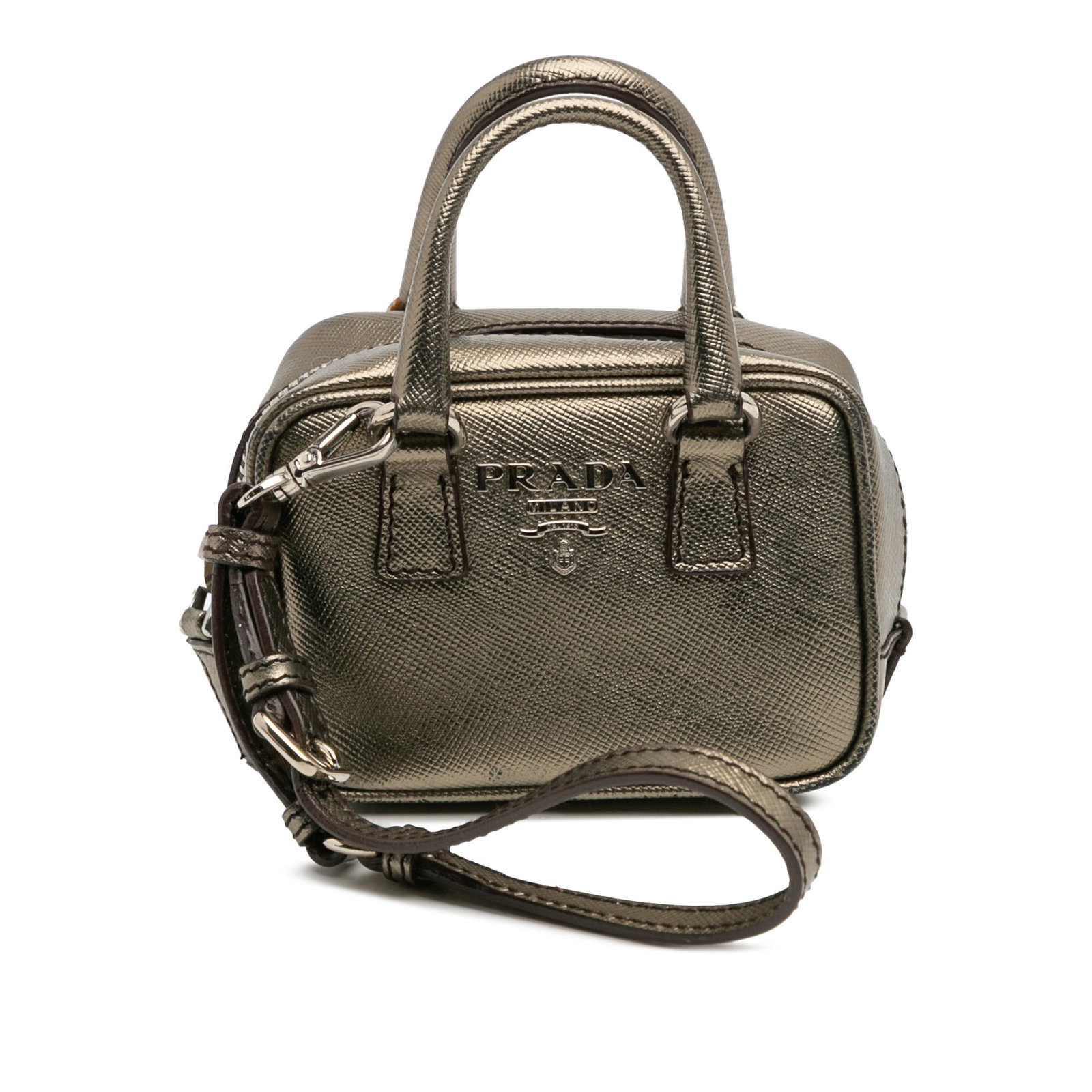 Prada Mini Metallic Saffiano Gray Leather Top Handle Bag Charm: Prada Mini Metallic Saffiano Gray Leather Top Handle Bag Charm Elevate your accessory collection with this Prada Mini Metallic Saffiano Top Handle Bag Charm. Crafted from high-quality saffiano