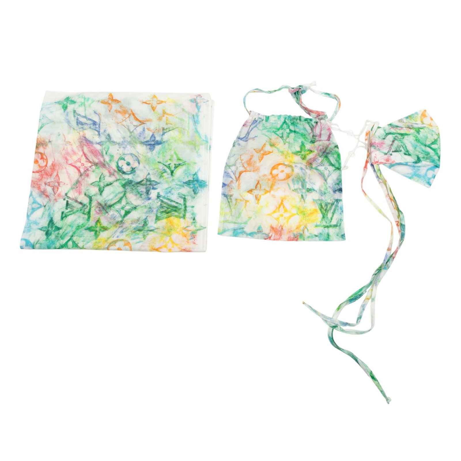 Virgil Abloh Watercolor Monogram Bandana and Mask Set by Louis Vuitton: Virgil Abloh Watercolor Monogram Bandana and Mask Set by Louis Vuitton This Louis Vuitton set includes a Virgil Abloh Monogram Watercolor bandana and mask, crafted from 100% cotton fabric. The