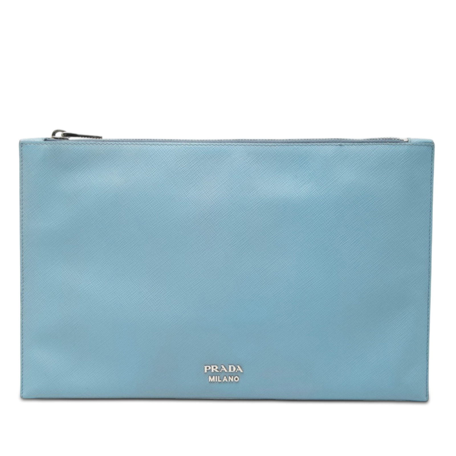 Prada Blue Saffiano Leather Zip Clutch Bag: Prada Blue Saffiano Leather Zip Clutch Bag This Prada Saffiano Clutch features a blue saffiano leather exterior with a top zip closure. The interior is equipped with both zip and slip pockets for orga