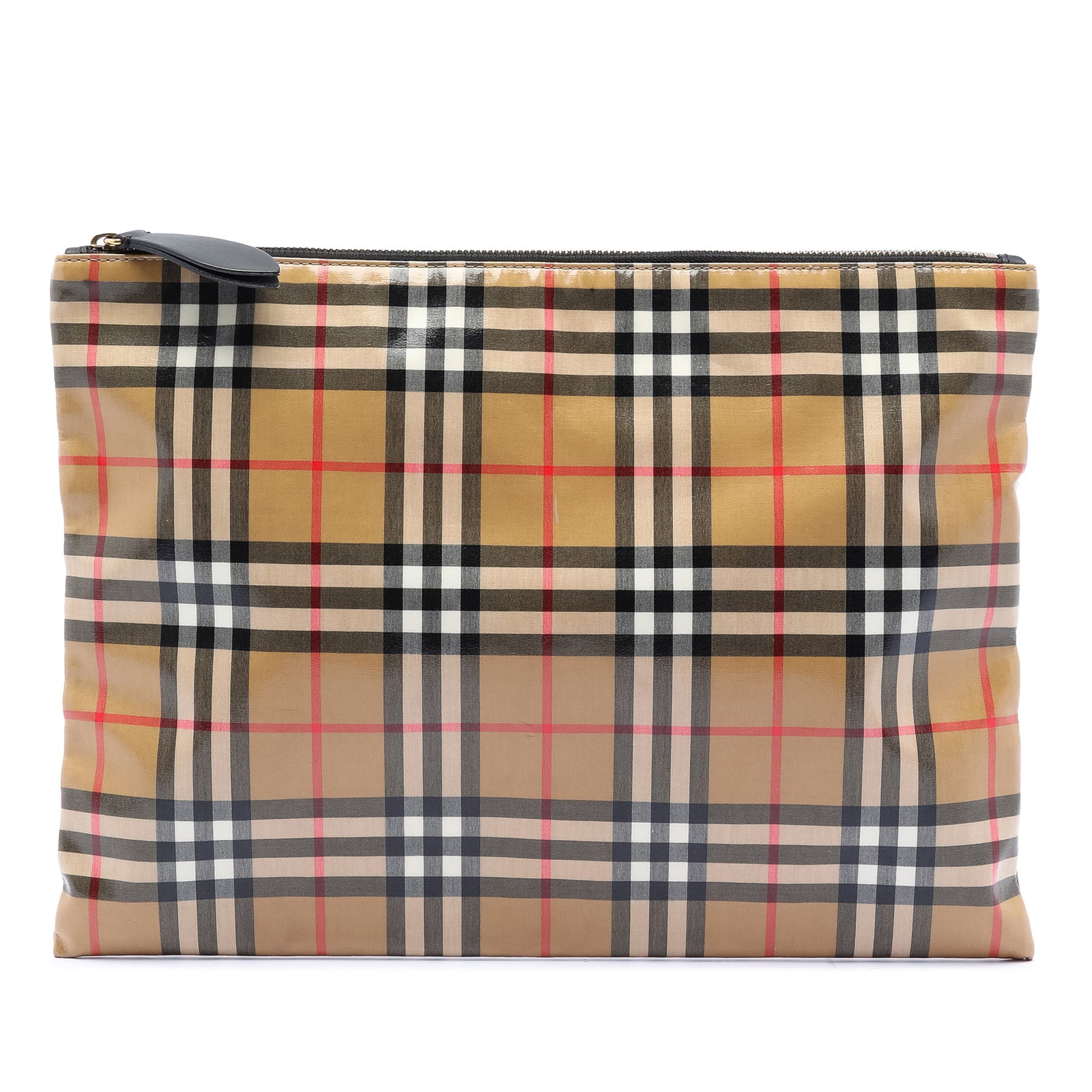 Beige Burberry Clutch with House Check Pattern and Coated Canvas Finish: Beige Burberry Clutch with House Check Pattern and Coated Canvas Finish This Burberry clutch features the signature house check pattern on a coated canvas body with a top zip closure. The bag is beige