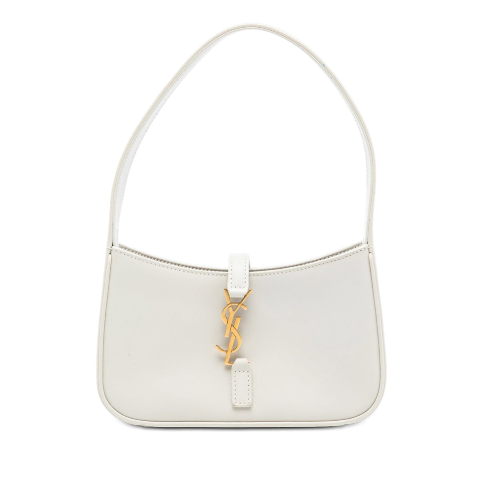Mini Le 5 a 7 Shoulder Bag in Smooth Calfskin by Saint Laurent: Mini Le 5 a 7 Shoulder Bag in Smooth Calfskin by Saint Laurent This Saint Laurent Mini Smooth Calfskin Le 5 a 7 shoulder bag features a white leather body with a flat leather shoulder strap. It has an