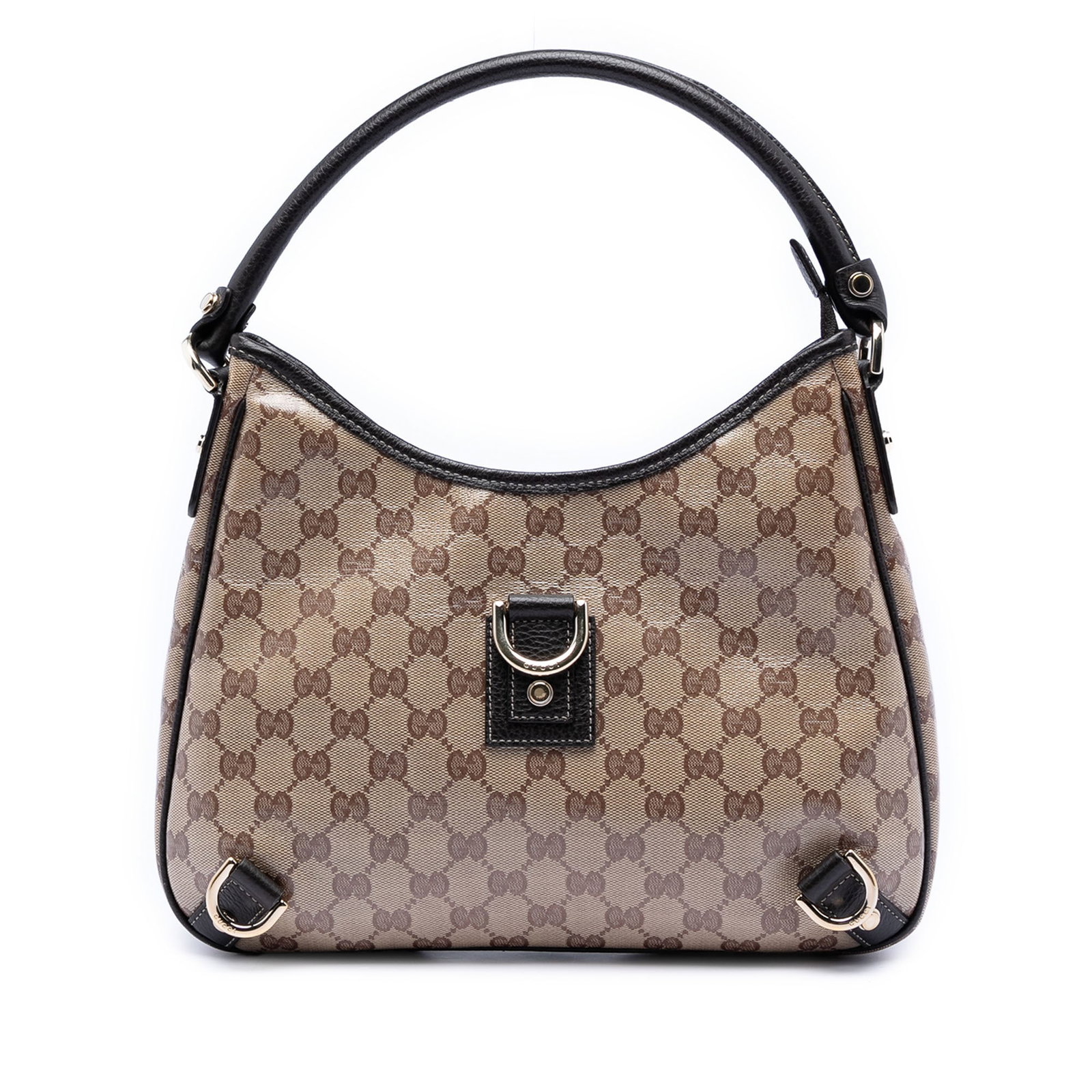 Gucci Abbey D Ring GG Crystal Shoulder Bag: Gucci Abbey D Ring GG Crystal Shoulder Bag This Gucci GG Crystal Abbey D Ring Shoulder Bag is crafted from coated canvas with leather trim. It features a rolled leather handle, a top zip closure, and 