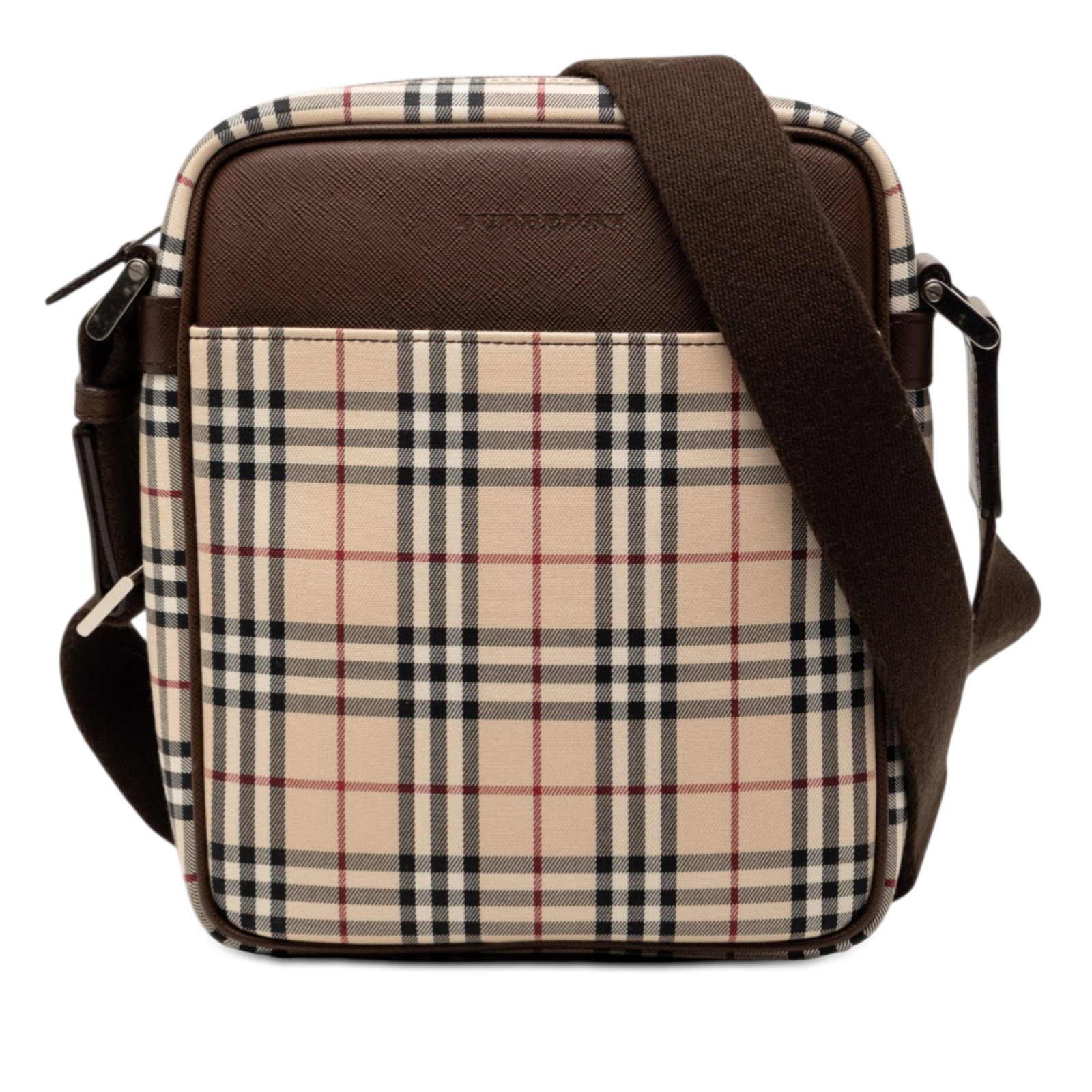 Burberry Beige Canvas Crossbody Bag with Leather Trim and House Check: Burberry Beige Canvas Crossbody Bag with Leather Trim and House Check This Burberry House Check Canvas Crossbody bag features a canvas body with leather trim and an adjustable flat canvas strap. It in