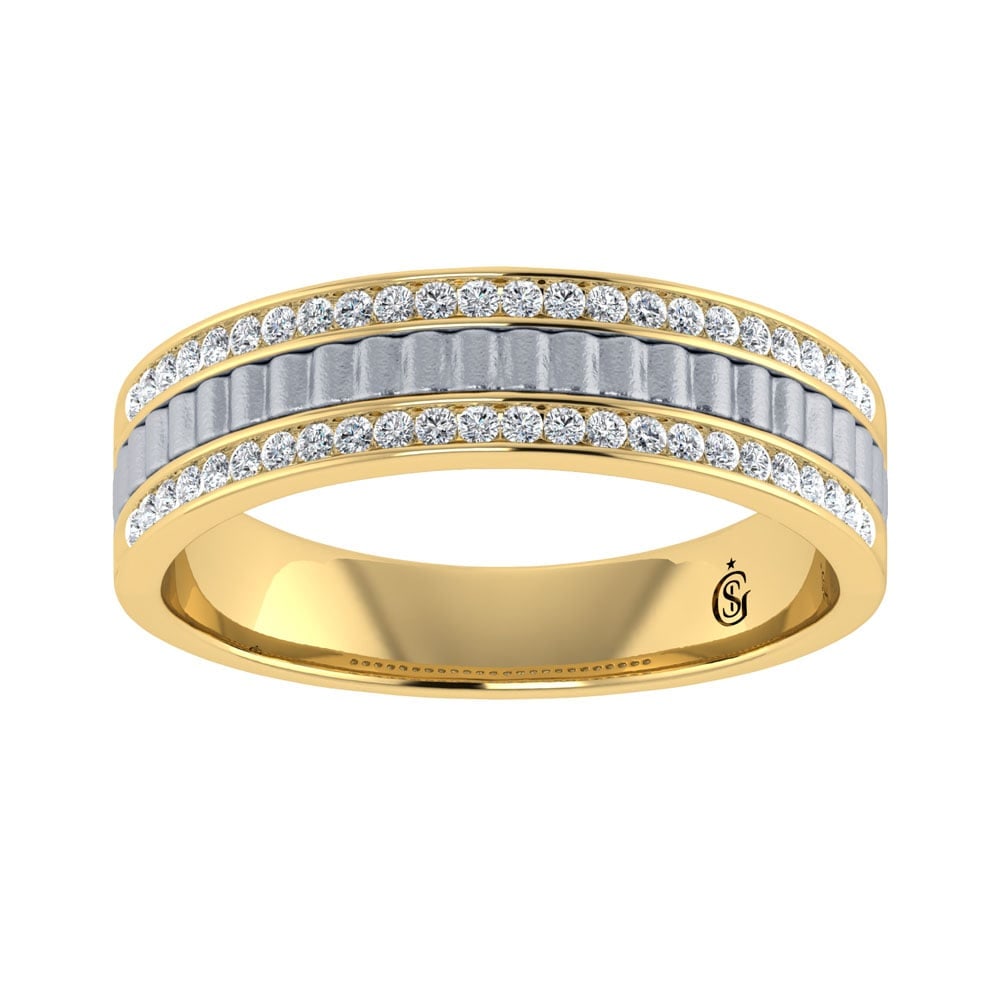14K Two Tone Diamond 1/3.Ct. Tw. Mens Machine Band: 14K Two Tone Diamond 1/3.Ct. Tw. Mens Machine Band 14k Two Tone Stone Color: G-h Stone Clarity: Si2 Each ring is presented in standard size 6.5. Complimentary resizing is available between sizes 510 (