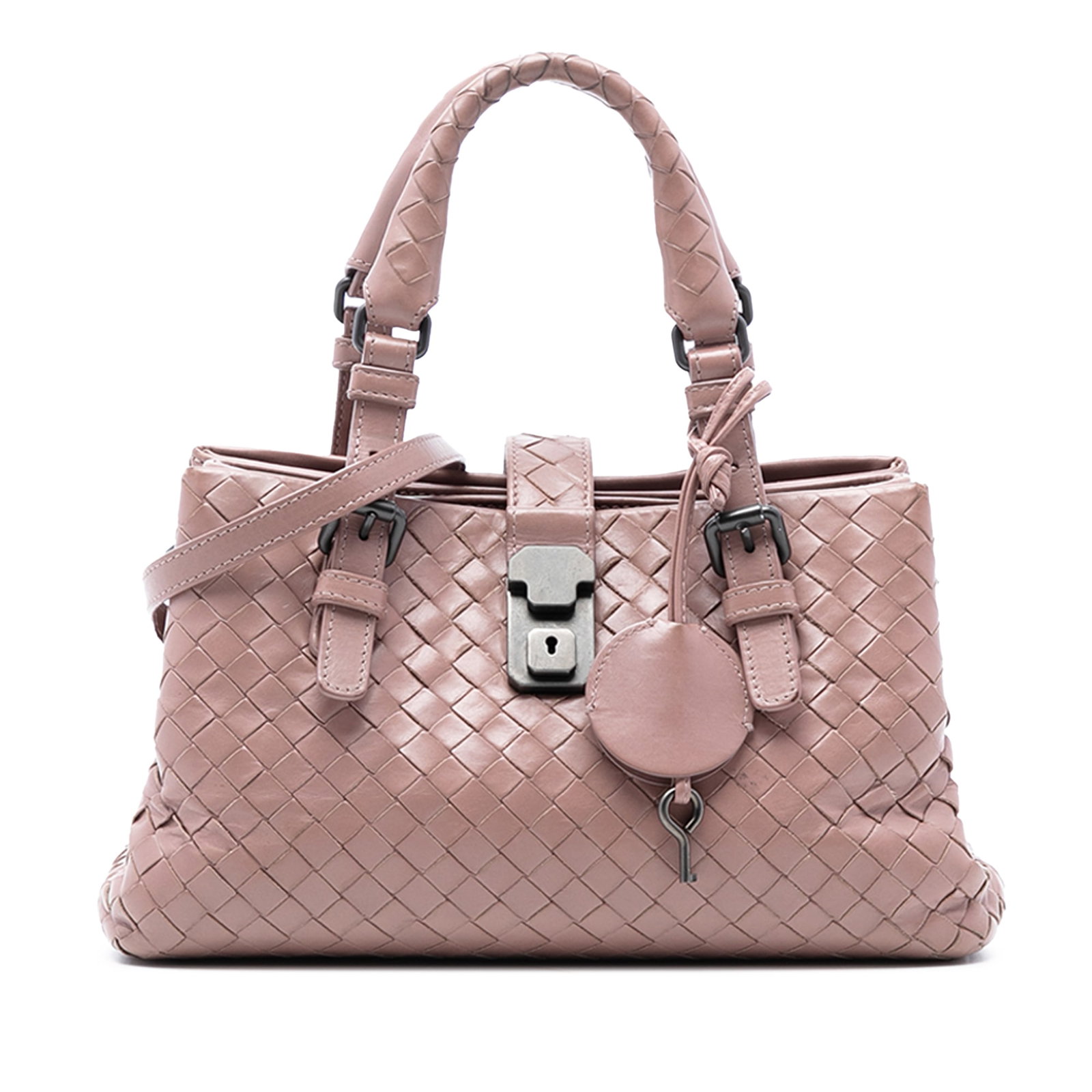 Bottega Veneta Mini Roma Pink Woven Nappa Leather Satchel Bag: Bottega Veneta Mini Roma Pink Woven Nappa Leather Satchel Bag This Bottega Veneta Mini Nappa Intrecciato Roma Satchel features a signature woven nappa leather exterior in pink, rolled leather handles,