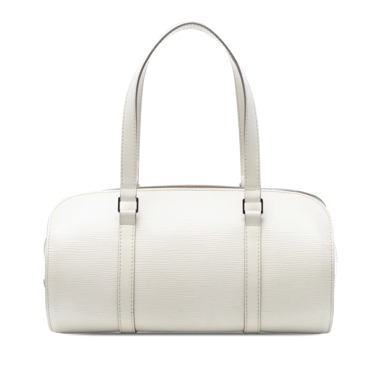 Louis Vuitton White Epi Leather Soufflot Bag: Louis Vuitton White Epi Leather Soufflot Bag This Louis Vuitton Epi Soufflot bag features a white epi leather body with flat handles, a top zip closure, and an interior slip pocket. The bag shows sign