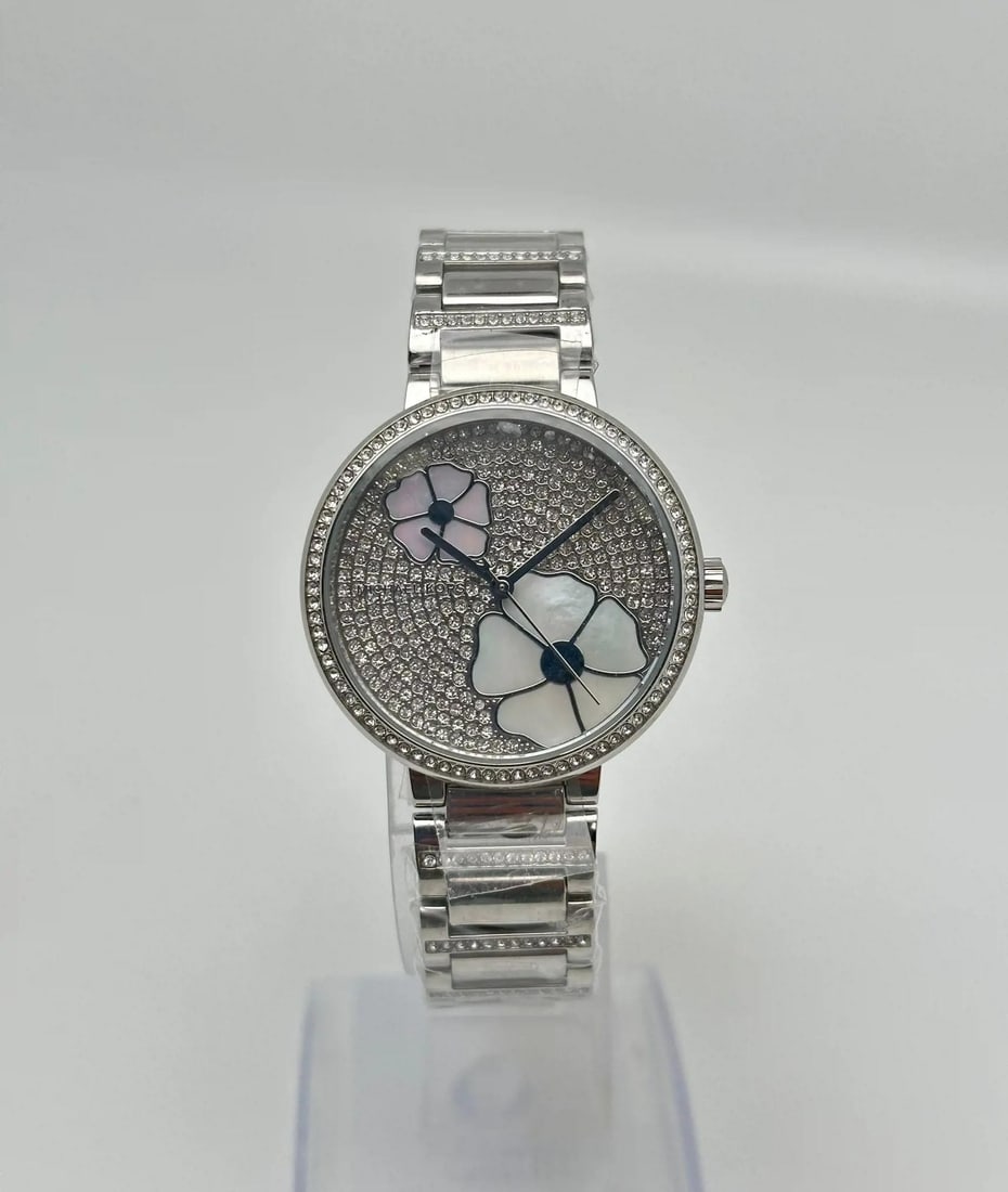 Michael Kors Courtney Ladies Quartz Watch MK3835 Silver Floral Dial Gem-Set Bezel (1 of 2)