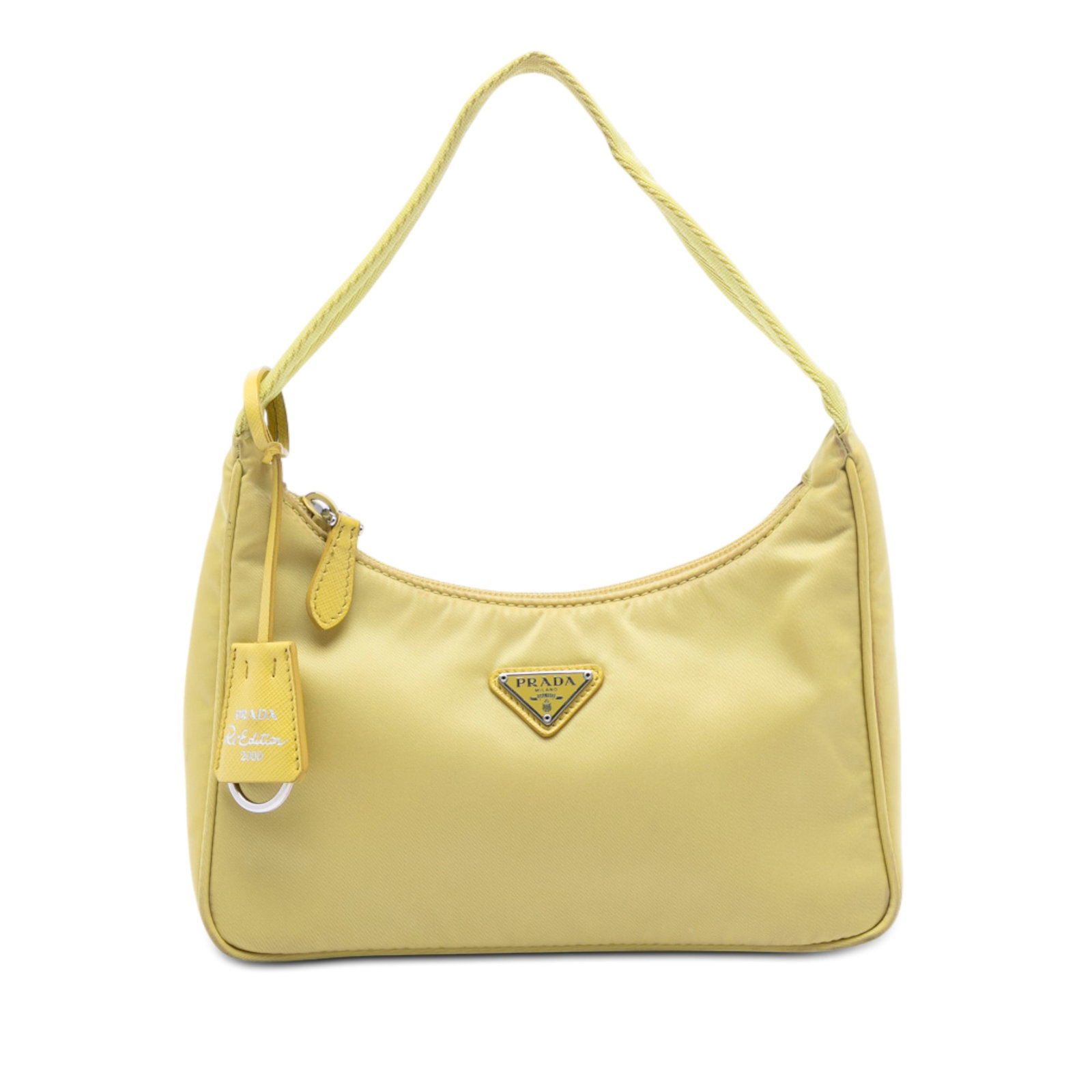 Prada Tessuto Re Edition 2000 yellow nylon shoulder bag: Prada Tessuto Re Edition 2000 yellow nylon shoulder bag This Prada Mini Tessuto Re Edition 2000 Shoulder Bag is crafted from yellow fabric and features a classic nylon body, a flat strap, and a secure