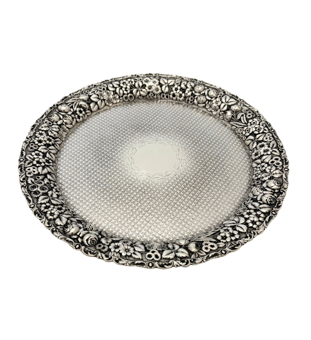 Round 925 Sterling Silver Floral Repousse Serving Tray (1 of 2)