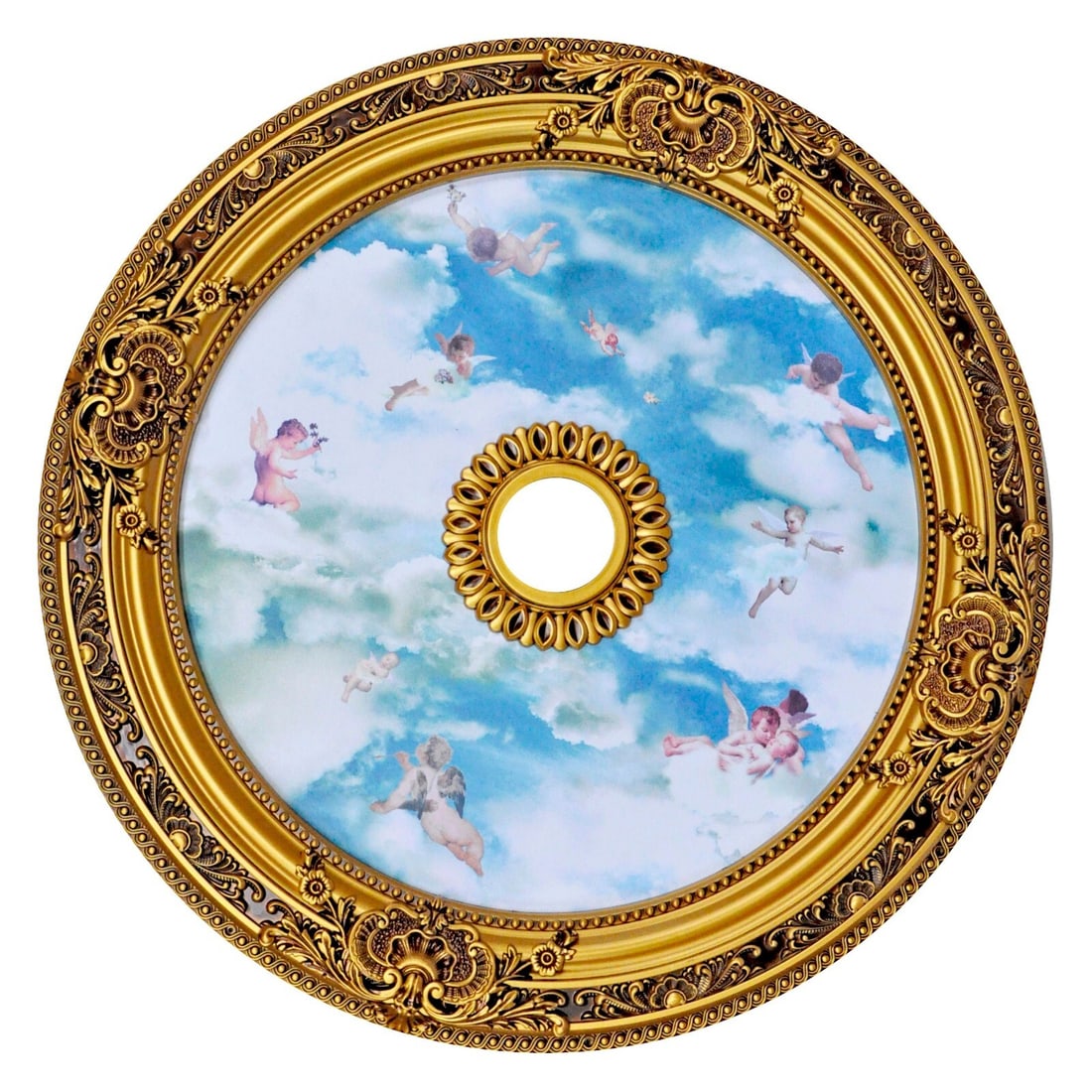 Artistry 36 Inch Ceiling Medallion Blue Sky Angels: Artistry 36 Inch Ceiling Medallion Blue Sky Angels This 36-inch round ceiling medallion features an antique gold finish with a hand-painted design of angels, clouds, and a blue sky. Crafted from a