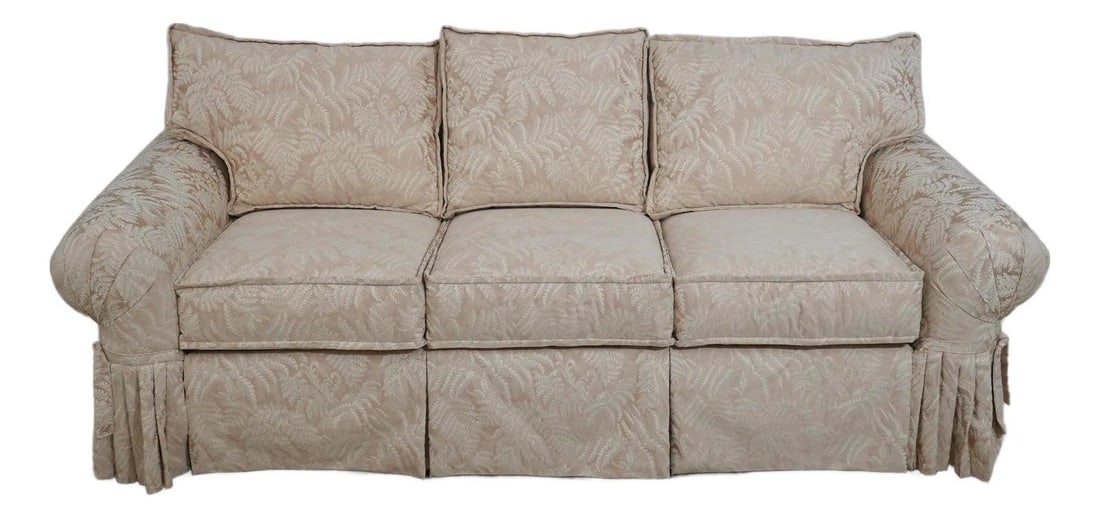 Ethan Allen Off White Damask Rolled Arm Sofa High Quality Design: Ethan Allen Off White Damask Rolled Arm Sofa High Quality Design Experience elegance and comfort with this Ethan Allen off-white damask upholstered rolled arm sofa. Crafted with high-quality construct