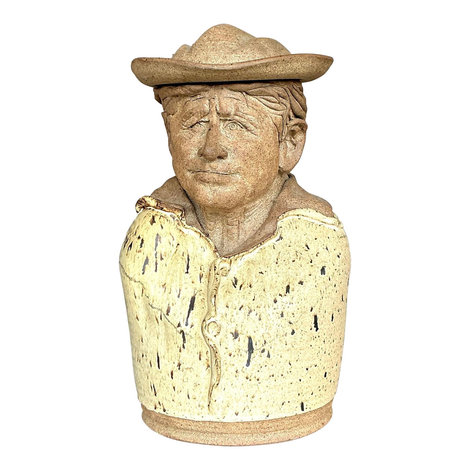 Vintage Boho Studio Pottery Lidded Jar with Sculpted Face 9" x 15.25": Vintage Boho Studio Pottery Lidded Jar with Sculpted Face 9" x 15.25" Discover this remarkable vintage studio pottery lidded jar, a true work of art that features an intricately sculpted face with exp