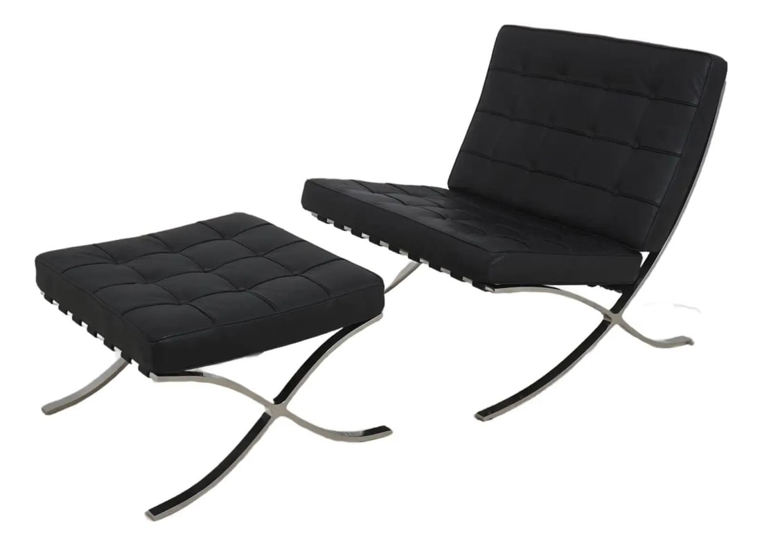 Mid Century Chrome Lounge Chair and Ottoman with Black Faux Leather Upholstery: Mid Century Chrome Lounge Chair and Ottoman with Black Faux Leather Upholstery This mid-century modern Barcelona chair and ottoman set by Hekman features high-quality construction with heavy solid chr