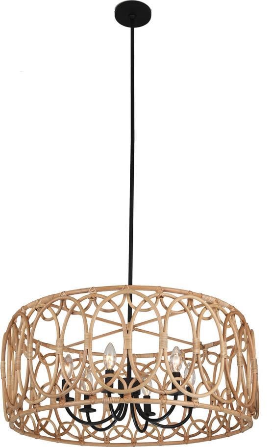Kalco Tablas Pendant Light Matte Black Natural Rattan 6 Bulb (1 of 1)