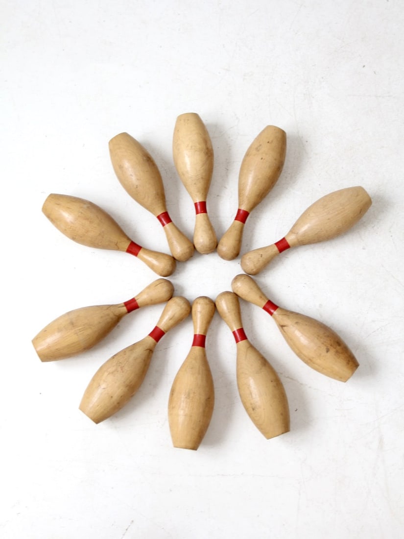 Set of 10 Vintage Wooden Bowling Pins with Red Stripes (1 of 10)