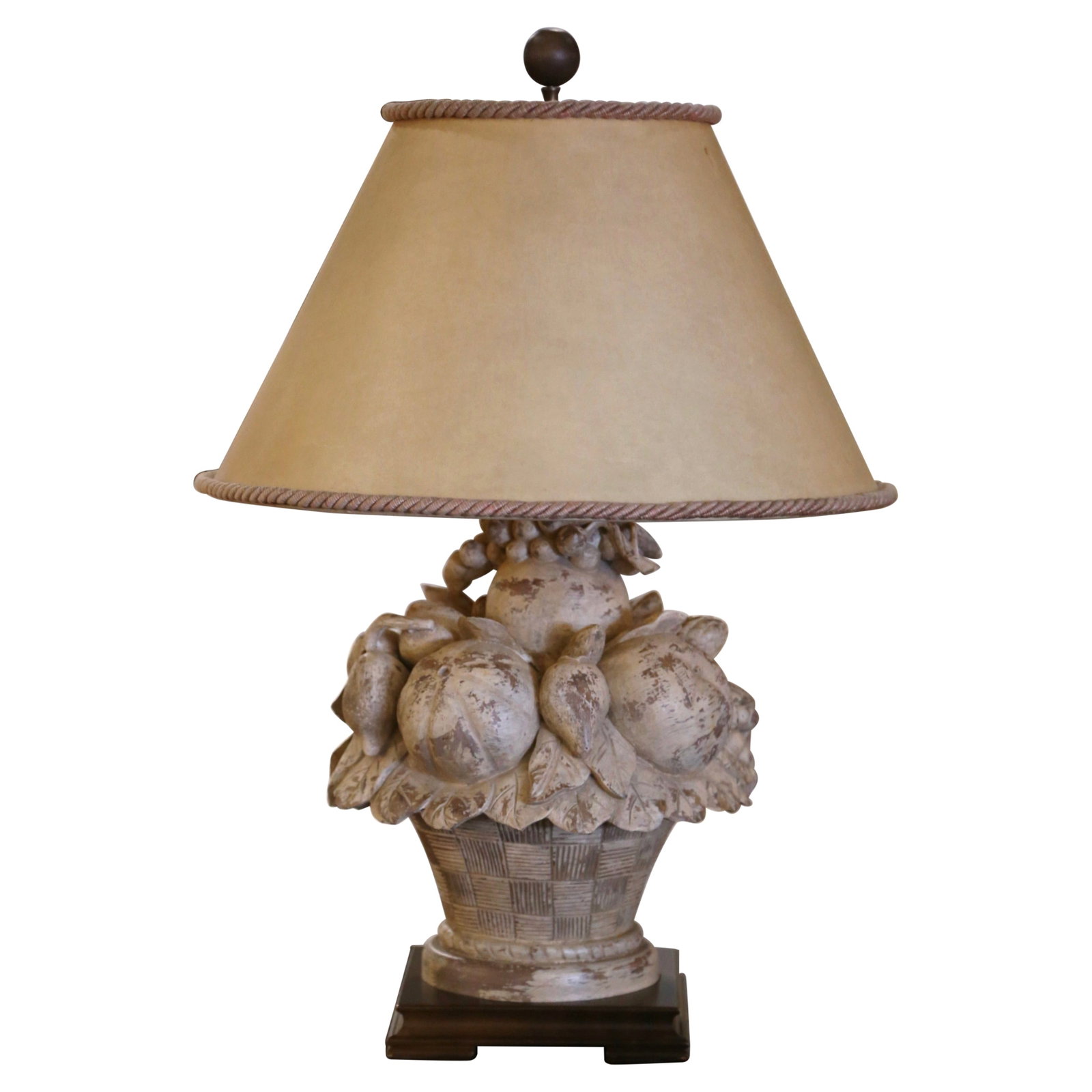French Neoclassical Painted Wood Table Lamp with Fruit Motif and Custom Shade: French Neoclassical Painted Wood Table Lamp with Fruit Motif and Custom Shade This mid-century French table lamp features a hand-carved and hand-painted wood design, showcasing a detailed basket of fr