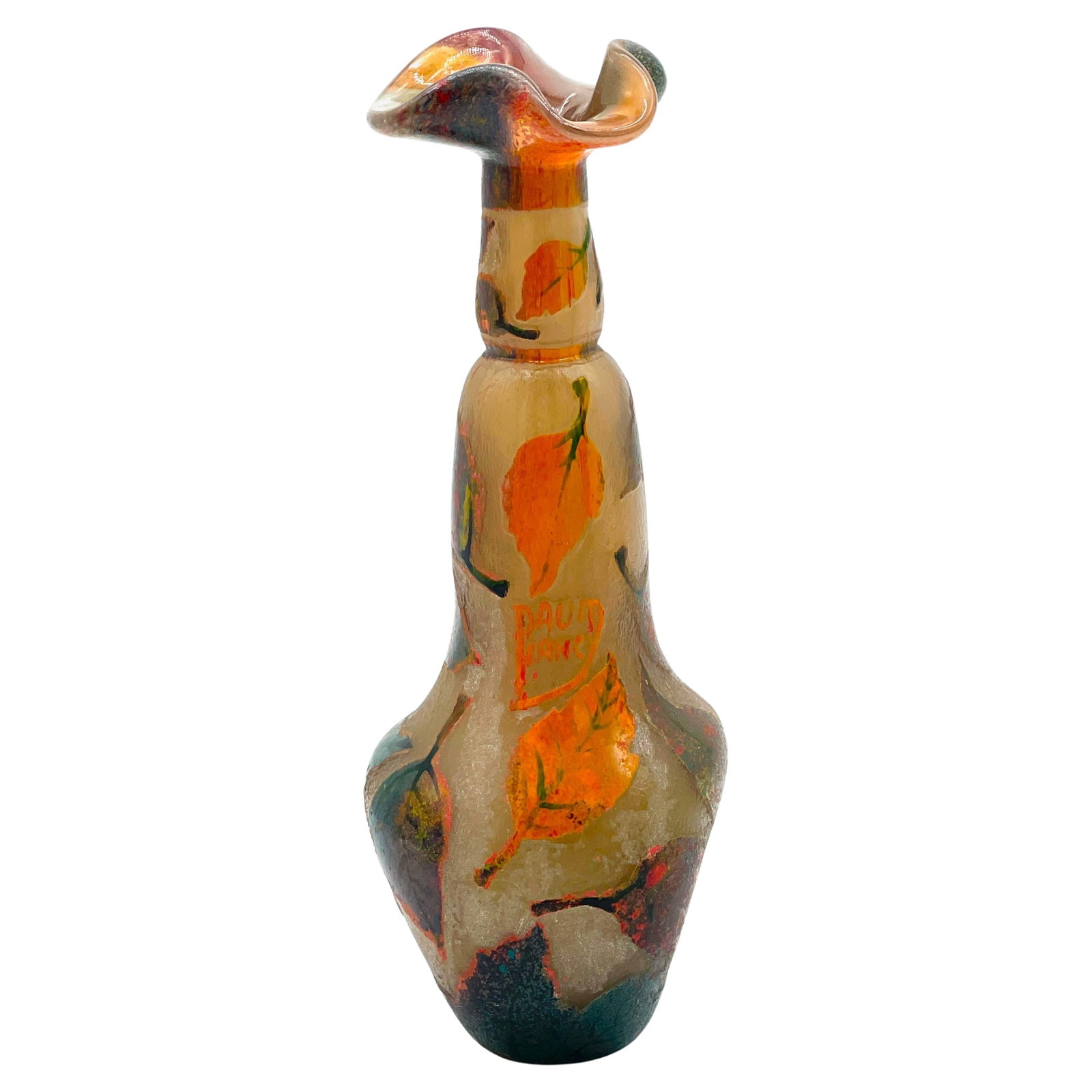 French Art Nouveau Glass Vase with Acid Etched Cameo and Enamel Decoration: French Art Nouveau Glass Vase with Acid Etched Cameo and Enamel Decoration This Art Nouveau glass vase by Daum Nancy, crafted in France circa 1900, showcases exquisite early 20th-century workmanship. 