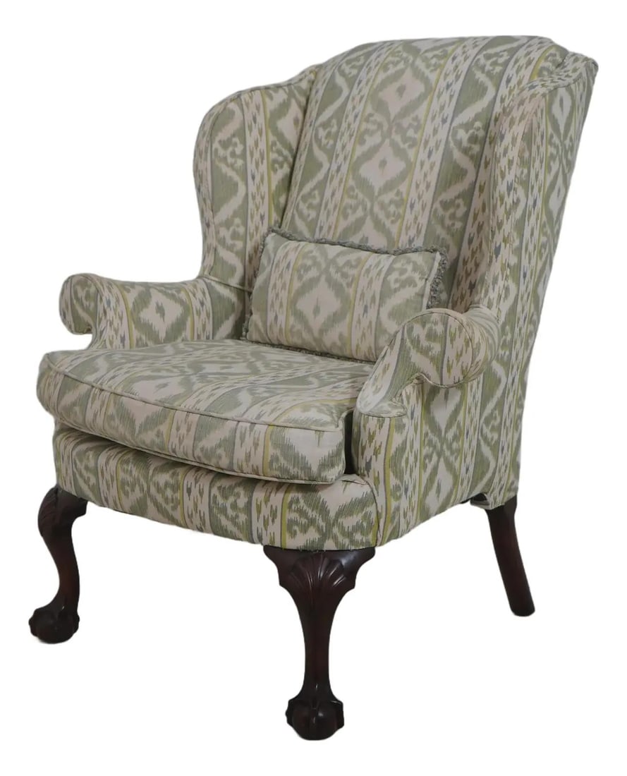 Chippendale Style Ball and Claw Foot Wing Chair with Green Upholstery: Chippendale Style Ball and Claw Foot Wing Chair with Green Upholstery This Kindel Winterthur Collection clawfoot wing chair features finely carved ball and claw feet and showcases high-quality craftsm