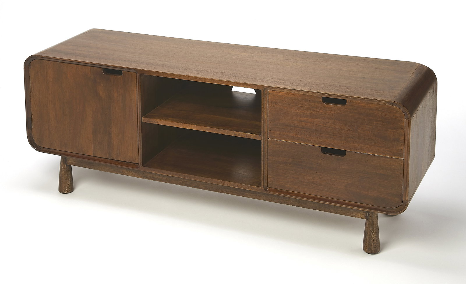 Butler Drayton TV Stand in Mango Wood Mid-Century Modern: Butler Drayton TV Stand in Mango Wood Mid-Century Modern Elevate your living space with the Stylish Modern Drayton TV Stand, crafted from durable mango wood and MDF. This mid-century modern piece comb