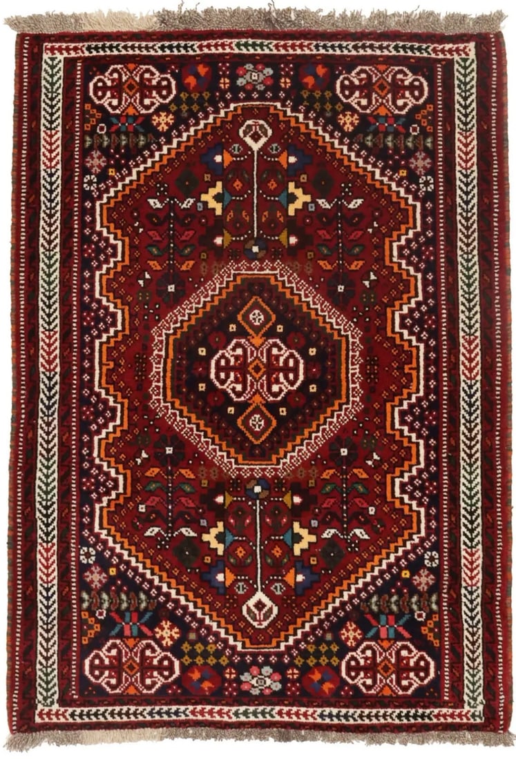 Handmade Tribal Geometric Wool Area Rug 3'5 x 4'10 Western Asia: Handmade Tribal Geometric Wool Area Rug 3'5 x 4'10 Western Asia This hand-knotted Oriental rug features a vibrant geometric tribal design in shades of red, cream, dark purple-navy, gold, brown, and gr