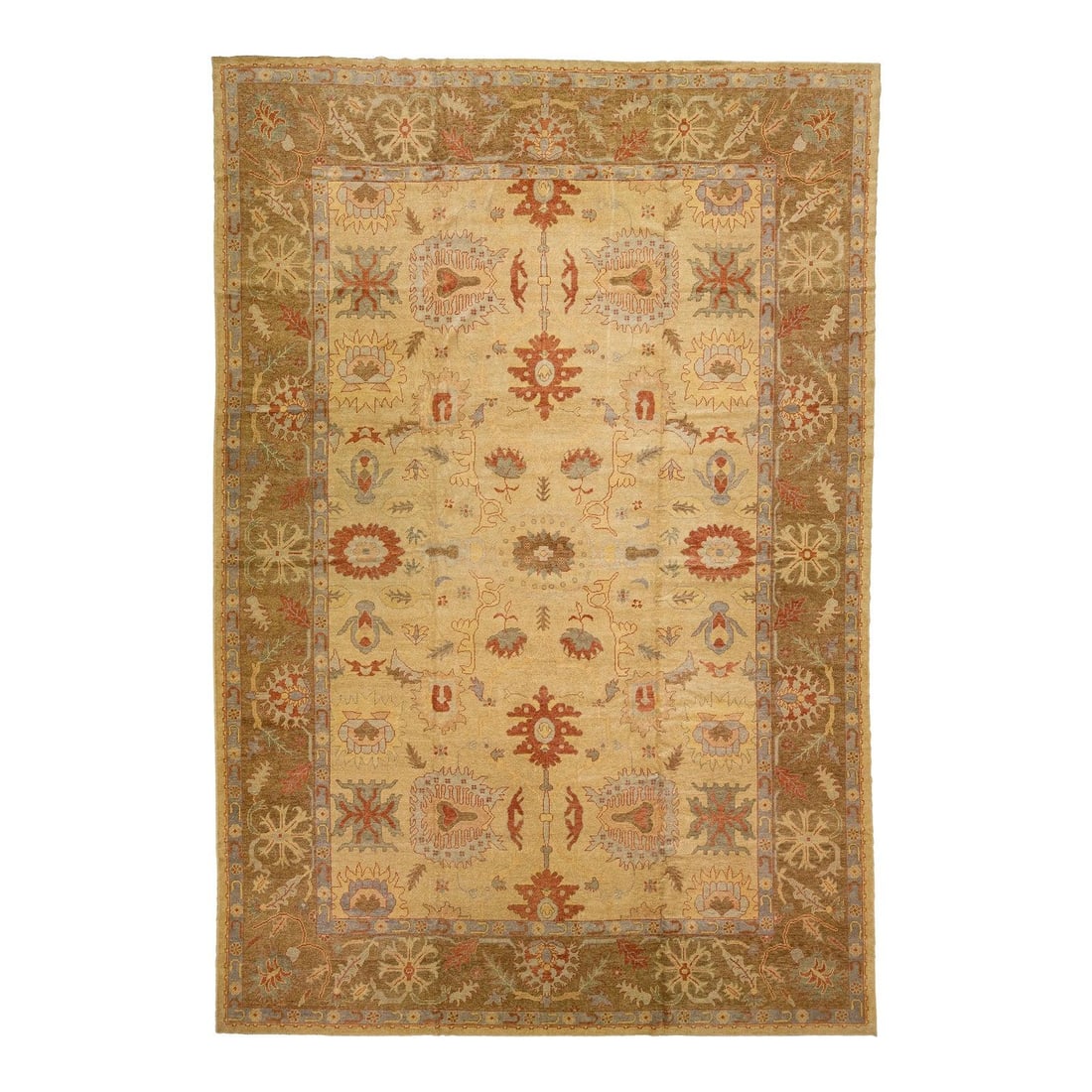 14'5 x 21'3 Turkish Wool Oushak Rug With Beige Vintage Motifs: 14'5 x 21'3 Turkish Wool Oushak Rug With Beige Vintage Motifs This oversize hand-knotted Oushak rug from Turkey features a soft beige field accented by muted red, blue, and brown floral motifs. Its la