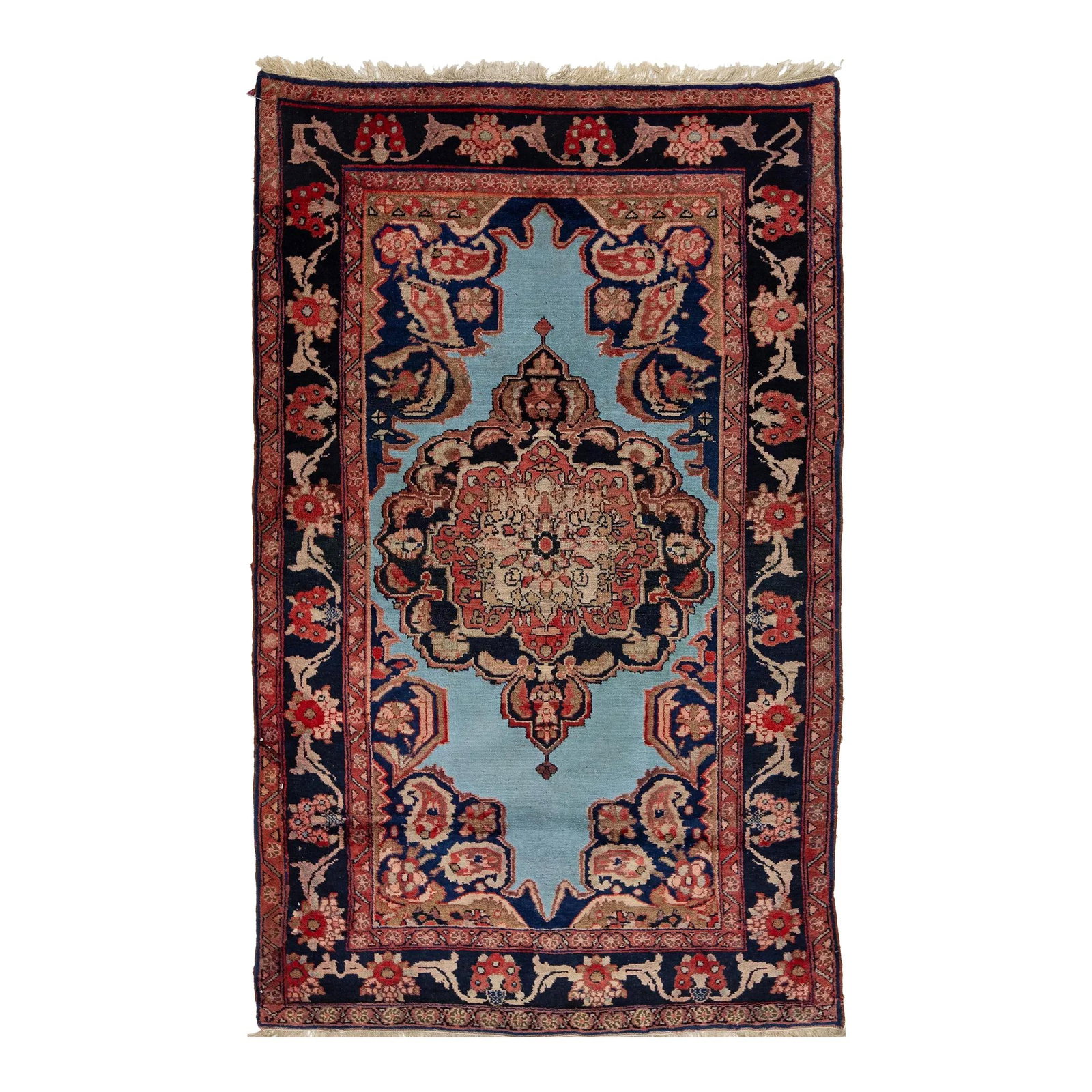 1920s Handmade Mahal Wool Rug Blue Floral Design: 1920s Handmade Mahal Wool Rug Blue Floral Design This exquisite, hand-knotted Antique Mahal wool rug showcases a stunning blue field adorned with a red and beige floral motif, embodying the elegance o