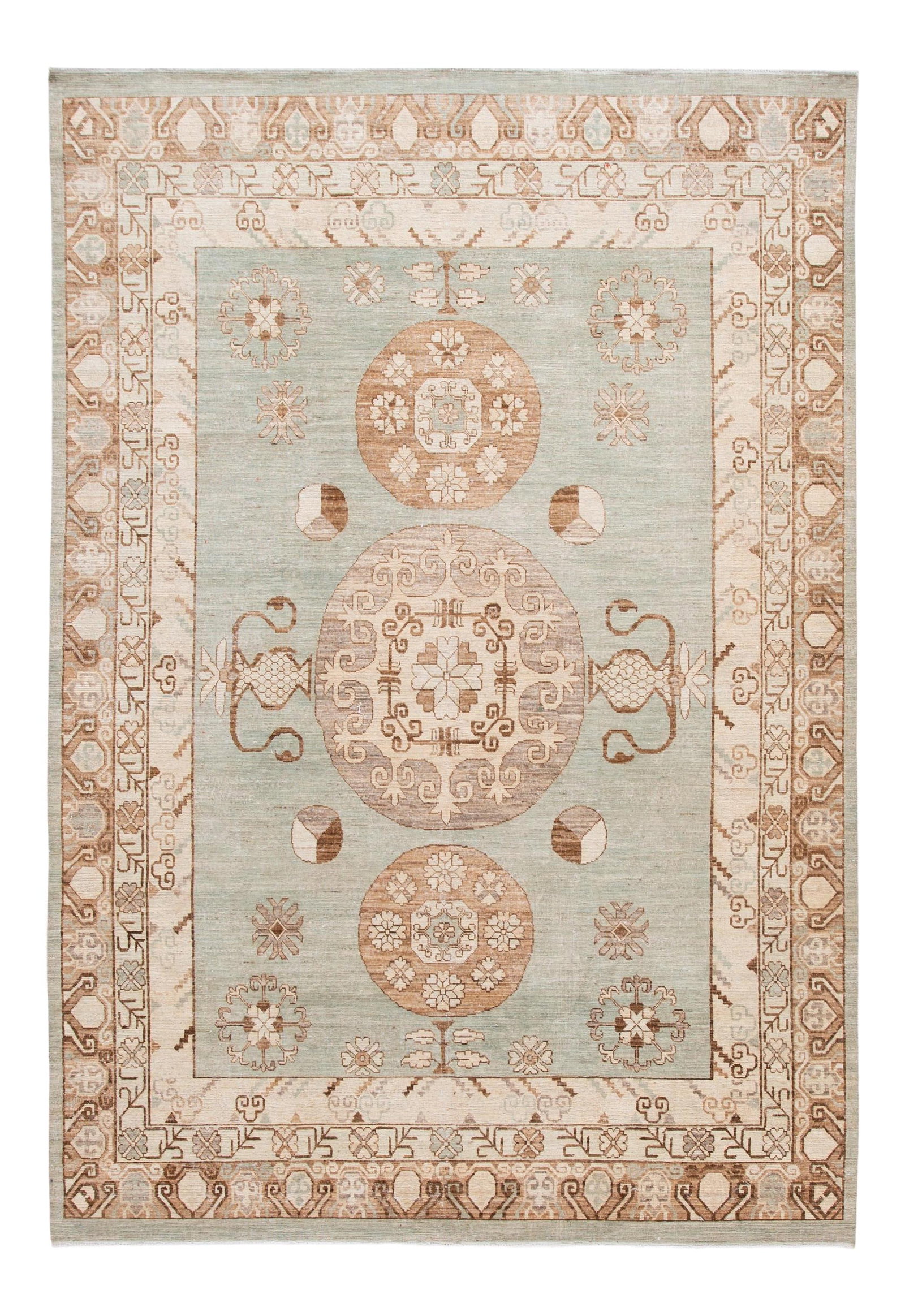 Handmade Modern Khotan Green Wool Rug 7'10 x 11'6 Geometric Design: Handmade Modern Khotan Green Wool Rug 7'10 x 11'6 Geometric Design Enhance your living space with this stunning Modern Khotan Style Handmade Wool Rug, featuring a vibrant green field complemented by a