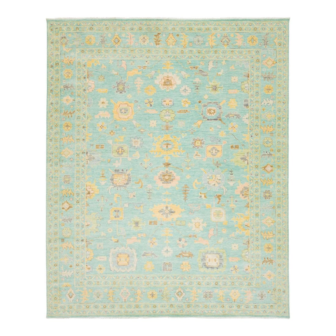 Modern Oushak Style Light Green Floral Wool Rug 12'3 x 15: Modern Oushak Style Light Green Floral Wool Rug 12'3 x 15 This exquisite modern Oushak-style wool rug beautifully merges contemporary aesthetics with the timeless charm of traditional Oushak