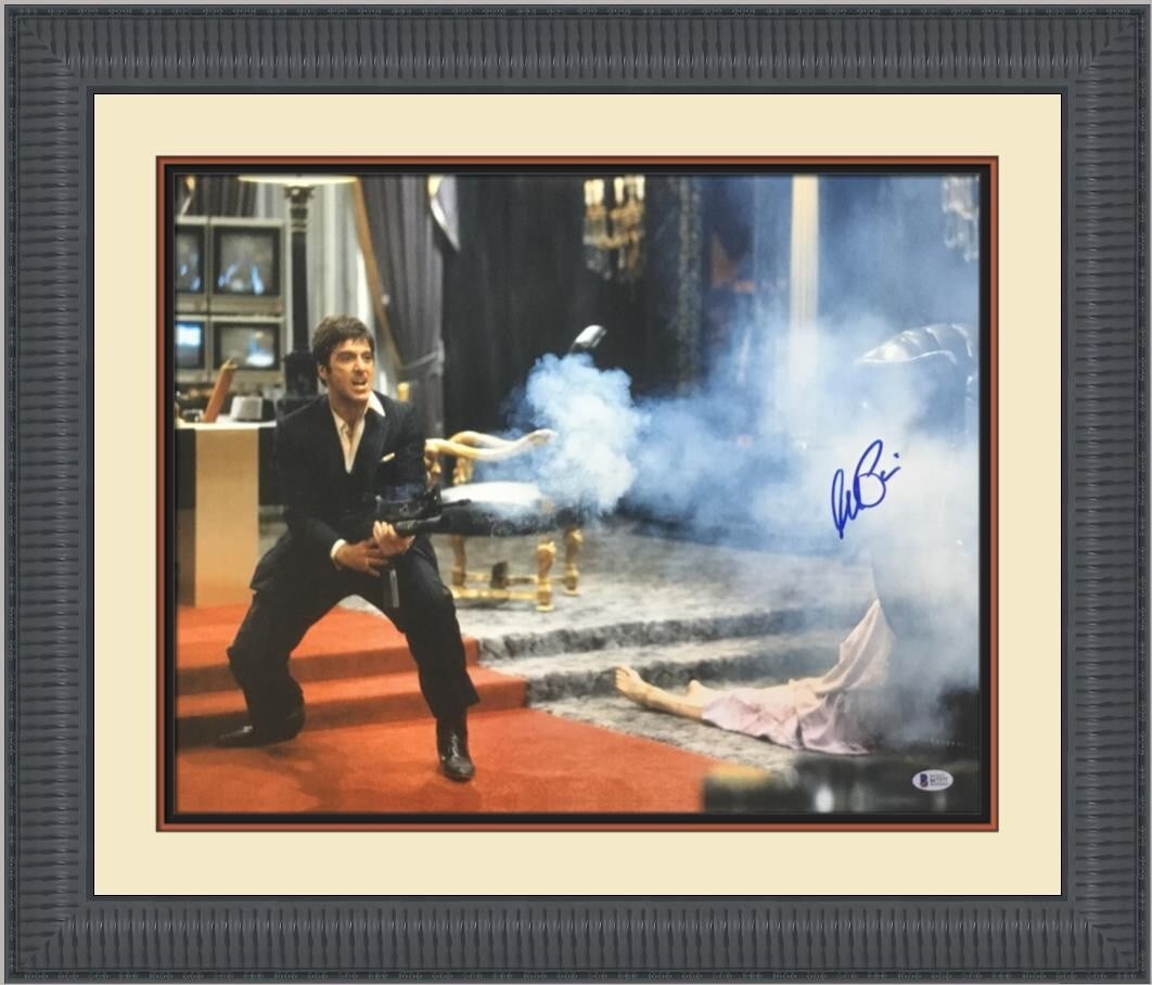 Framed Scarface photo signed by Al Pacino Beckett 24 x 28: Framed Scarface photo signed by Al Pacino Beckett 24 x 28 This custom-framed photograph features Al Pacino's autograph from the movie Scarface. The photo is authenticated by Beckett and PSA/DNA, ensur