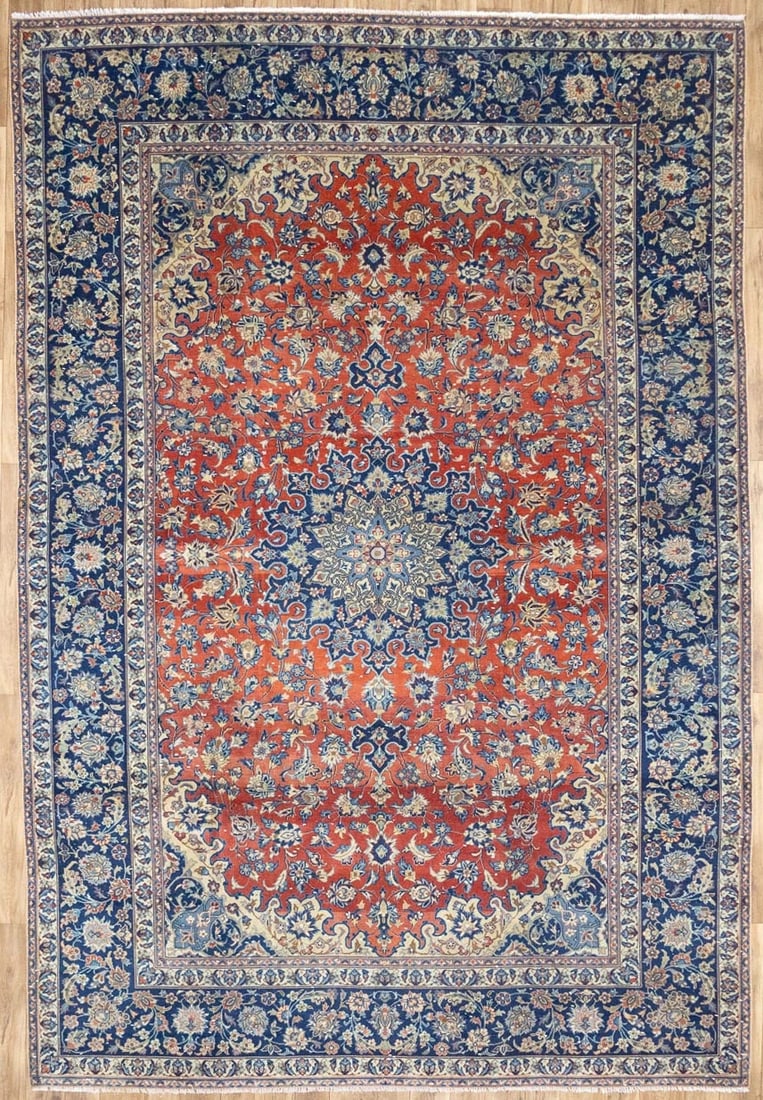 Vintage Floral Wool Area Rug 9'5 x 13'10 Hand Knotted: Vintage Floral Wool Area Rug 9'5 x 13'10 Hand Knotted This semi-antique hand-knotted Oriental rug features a traditional floral pattern in a striking palette of scarlet red, navy blue, cream, light bl
