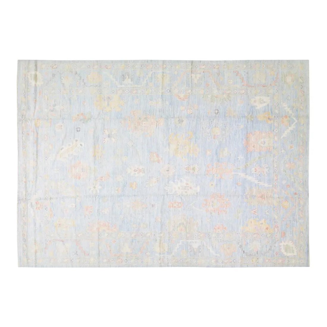 Turquoise Wool Oushak Area Rug Hand Knotted 9'8 x 14': Turquoise Wool Oushak Area Rug Hand Knotted 9'8 x 14' This Oushak hand-knotted wool rug features a soft texture and a striking turquoise color. Crafted with traditional techniques, it offers both dura