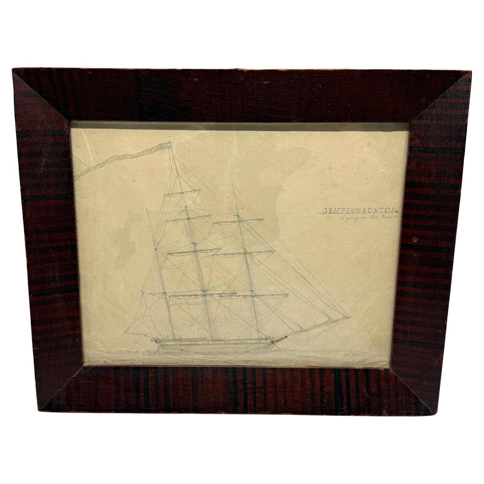 1850 Pencil Drawing of Griffin Ship Boston San Francisco: 1850 Pencil Drawing of Griffin Ship Boston San Francisco Discover a remarkable mid-19th-century pencil drawing that captures the American three-masted ship Griffin of Boston. This finely detailed artw