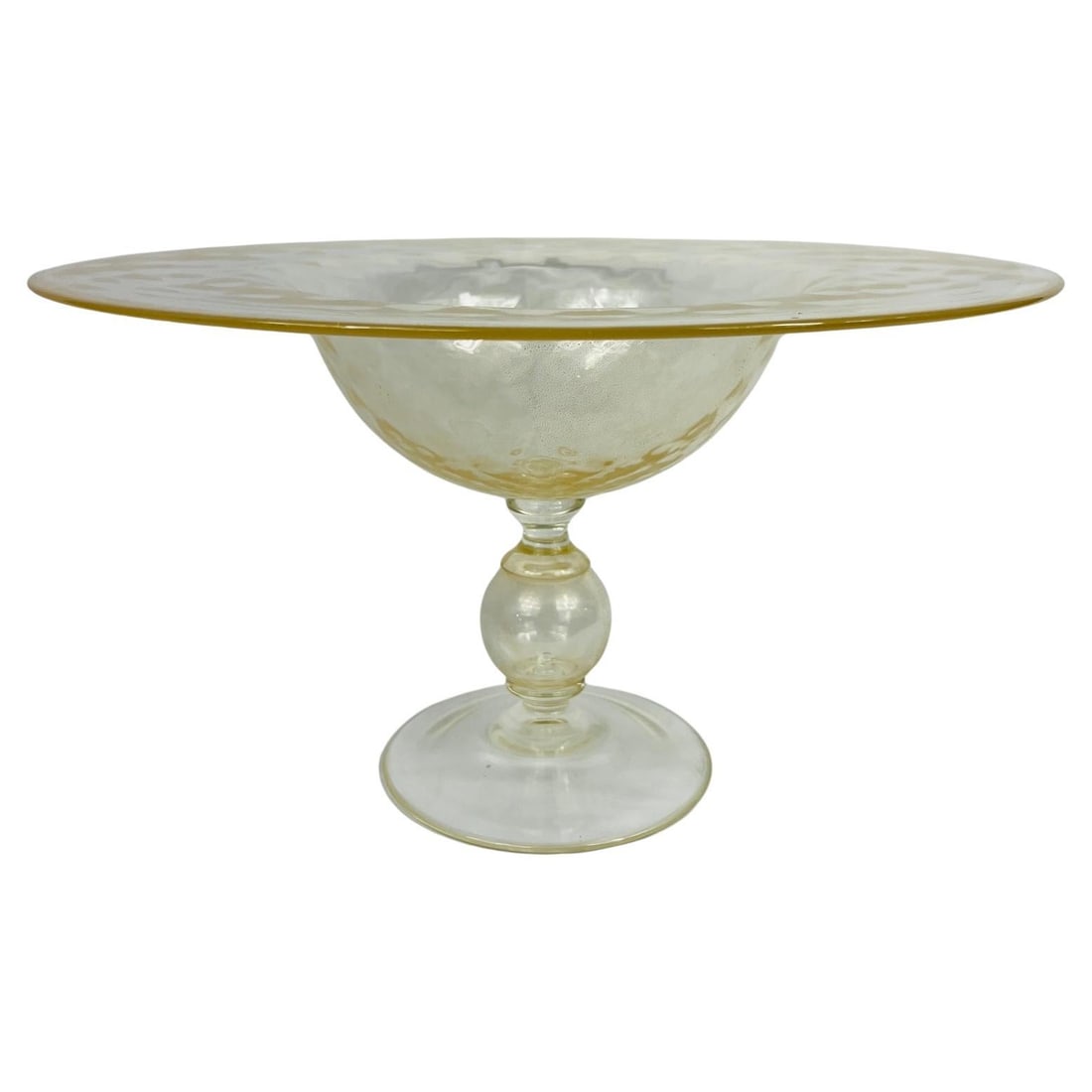 Monumental Murano Gold Flecked Compote Signed 18.25 inch Art Glass Italy: Monumental Murano Gold Flecked Compote Signed 18.25 inch Art Glass Italy This monumental Murano glass centerpiece compote is a stunning showcase of Italian glass artistry. Measuring an impressive 18.2