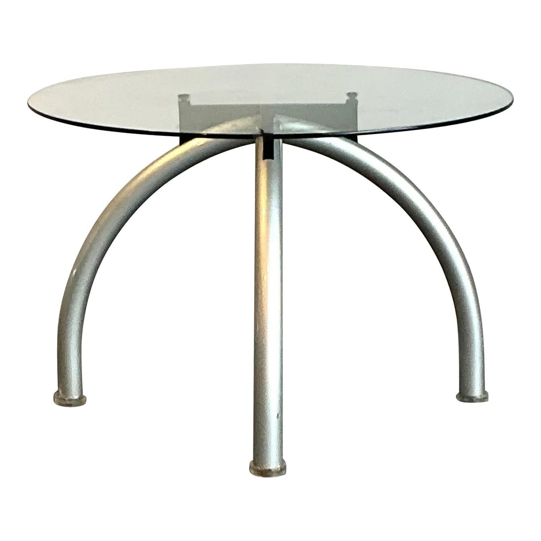Glass and Metal Dining Table Inspired by Ettore Sottsass Memphis Style: Glass and Metal Dining Table Inspired by Ettore Sottsass Memphis Style This vintage dining table draws inspiration from Ettore Sottsass and the Memphis Group, featuring a clear glass top supported by 