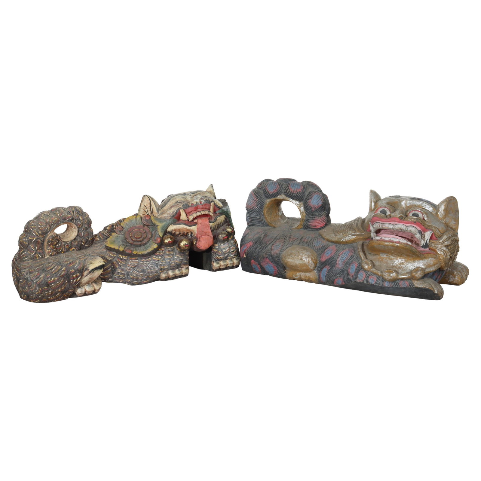 Set of Two Large 20th Century Chinese Polychrome Wood Guardian Lions (1 of 17)