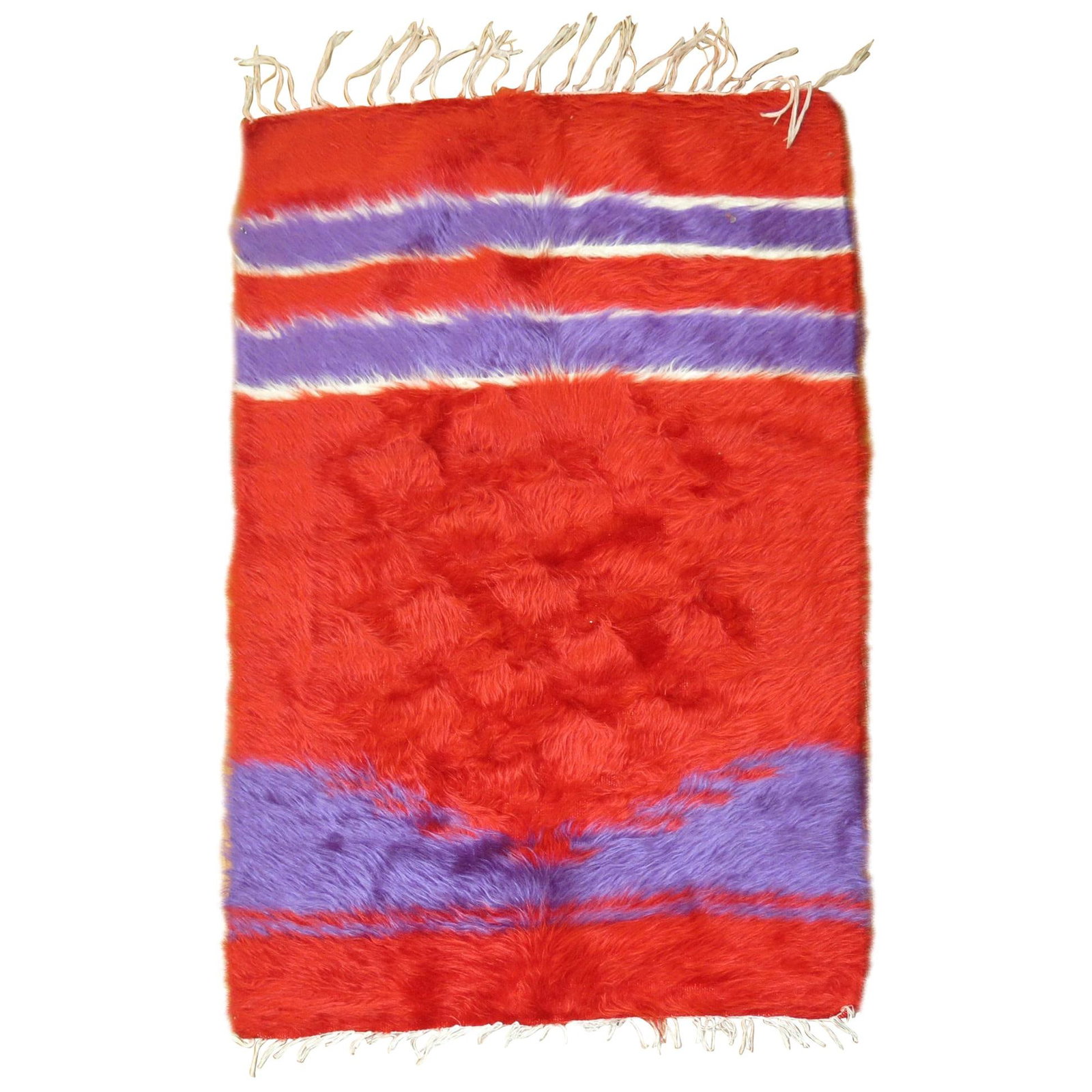 Mid Century Modern Hand Woven Mohair Rug Turkey 30 x 44: Mid Century Modern Hand Woven Mohair Rug Turkey 30 x 44 This vintage throw rug features a striking combination of bright red and purple hues, crafted from hand-woven mohair wool. Originating from Turk