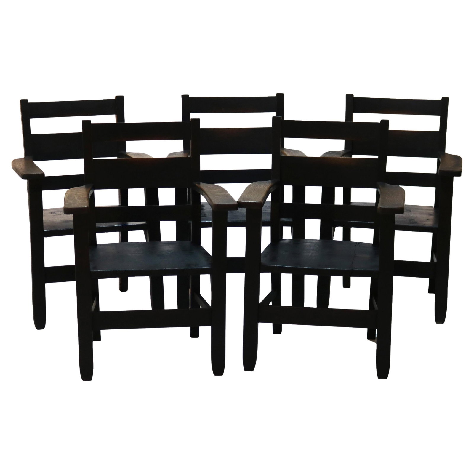 Set of 5 Antique RH Conant Sons Arts and Crafts Oak Armchairs c1920: Set of 5 Antique RH Conant Sons Arts and Crafts Oak Armchairs c1920 This set of five antique armchairs, crafted by RH Conant Sons around 1920, showcases the elegant simplicity of the Arts & Crafts Mis