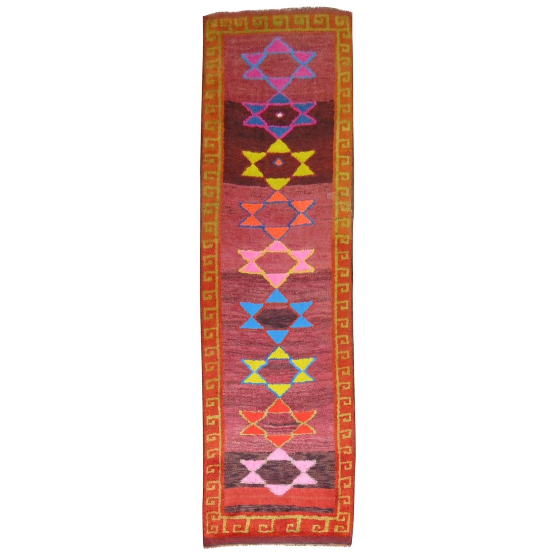 Wool Hand Knotted Turkish Star Motif Bohemian Runner 33 x 112: Wool Hand Knotted Turkish Star Motif Bohemian Runner 33 x 112 This vintage Turkish runner from the mid-20th century features a vibrant all-over star motif in a lively Bohemian style. Hand-knotted from