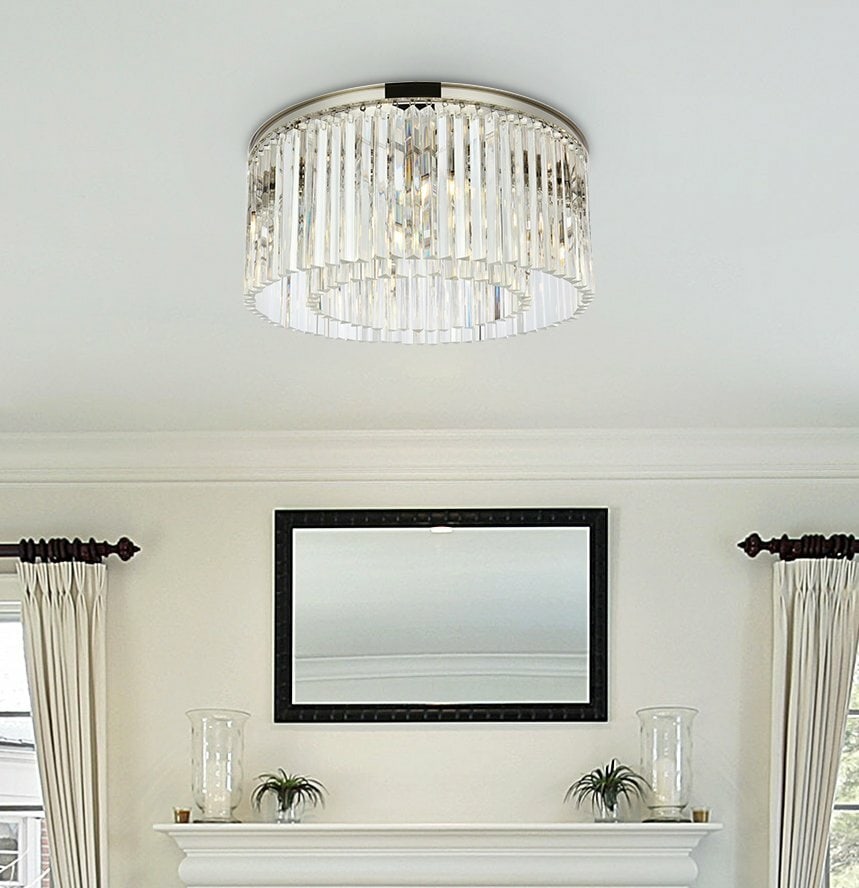 Sydney 8-Light Crystal Flush Mount Chandelier Polished Nickel: Sydney 8-Light Crystal Flush Mount Chandelier Polished Nickel This modern flush mount chandelier features eight lights and is crafted with high-quality clear crystals and a polished nickel frame. Its 