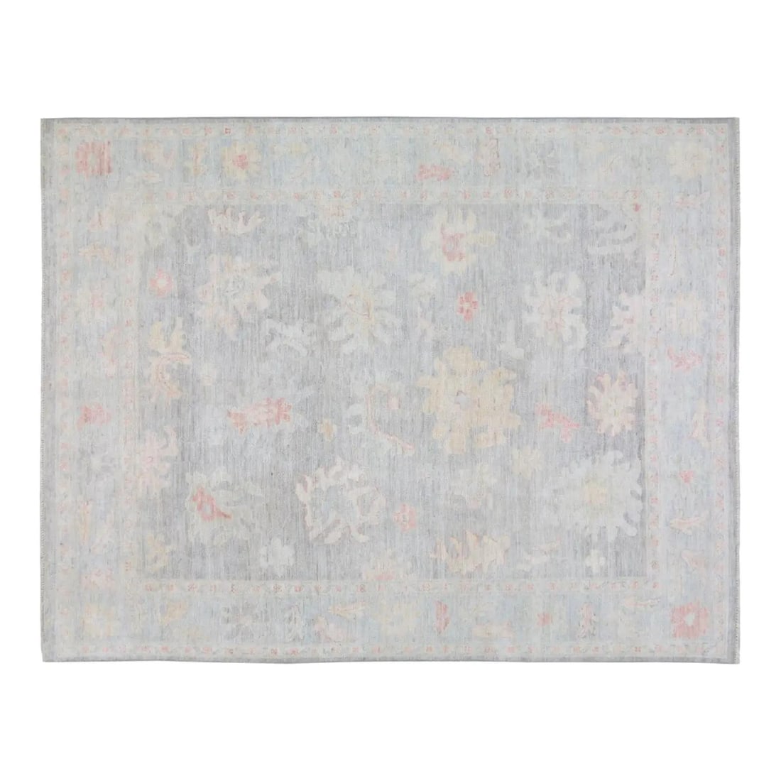 7'8 x 9'9 Hand Knotted Wool Oushak Rug in Light Gray: 7'8 x 9'9 Hand Knotted Wool Oushak Rug in Light Gray This hand-knotted Turkish Oushak rug features a transitional design with natural colors and a silky soft wool texture. Its light gray color and tra