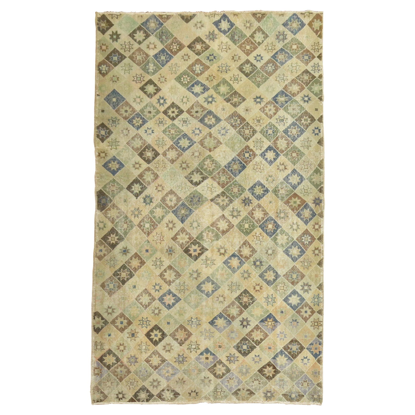 Hand Knotted Wool Turkish Deco Rug 67 x 105 in Earth Accents: Hand Knotted Wool Turkish Deco Rug 67 x 105 in Earth Accents This one-of-a-kind mid-century Turkish Deco rug features earth-toned accents in khaki, denim blue, and brown. Hand-knotted from wool, it or