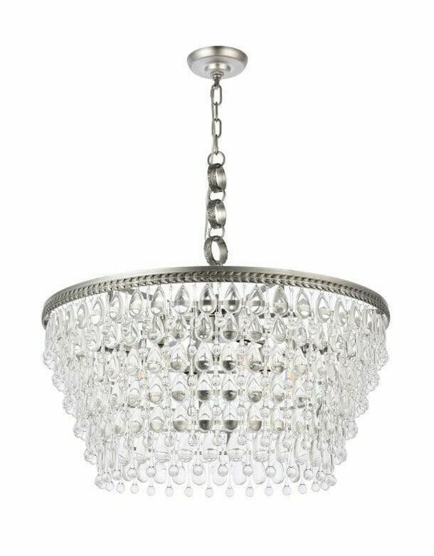 Living District Nordic 6 Light Antique Silver Crystal Chandelier 28 inch: Living District Nordic 6 Light Antique Silver Crystal Chandelier 28 inch This chandelier features a modern design with an antique silver finish and royal cut clear crystal accents. It is equipped with