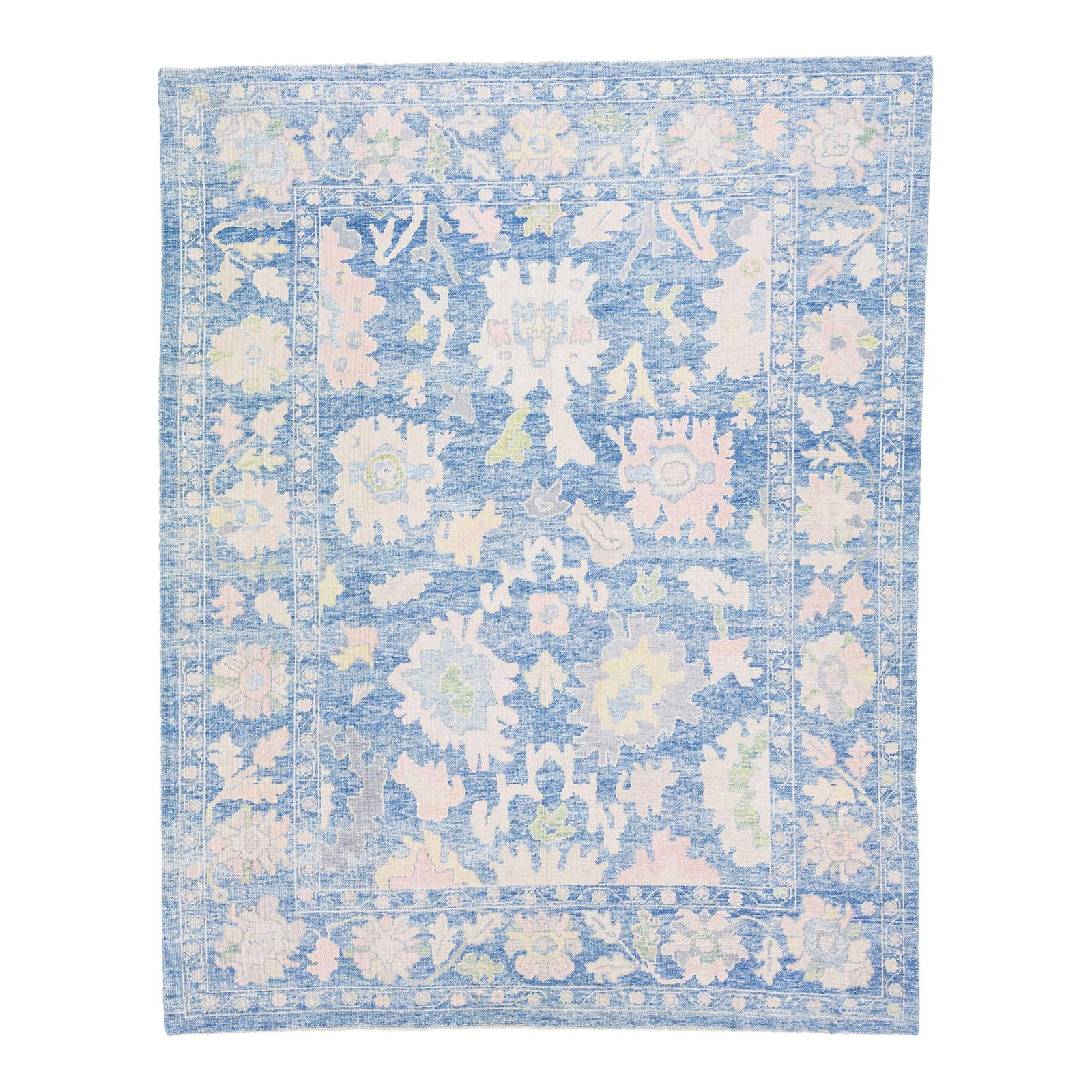 Handmade Blue Floral Oushak Wool Rug 9'4" x 11'11": Handmade Blue Floral Oushak Wool Rug 9'4" x 11'11" This exquisite modern Oushak rug showcases a stunning all-over floral design in a vibrant blue color field. Hand-knotted in Turkey, it features beaut