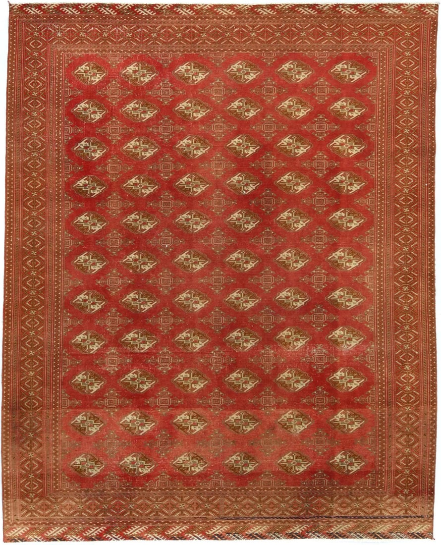 Handmade Wool Area Rug 8'5 x 10'7 Vintage Tribal Pattern Semi-Antique: Handmade Wool Area Rug 8'5 x 10'7 Vintage Tribal Pattern Semi-Antique This large handmade semi-antique Oriental rug features a striking tribal geometric design in scarlet red, cream, beige, and brown 