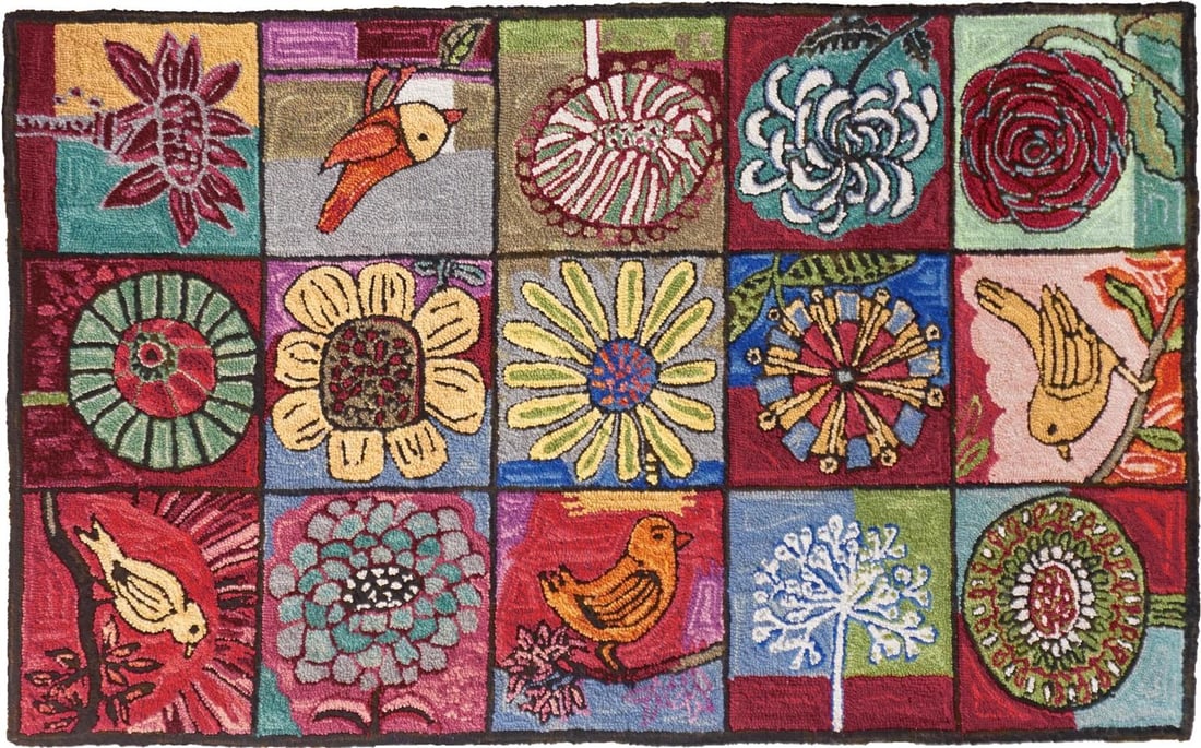 Whimsical Bloomer Birds Hand-Hooked Wool Rug 36 x 60 Inches: Whimsical Bloomer Birds Hand-Hooked Wool Rug 36 x 60 Inches Enhance your artistic decor with this whimsical Bloomer Birds rug, featuring a charming design perfect for any space. The rug is crafted in 