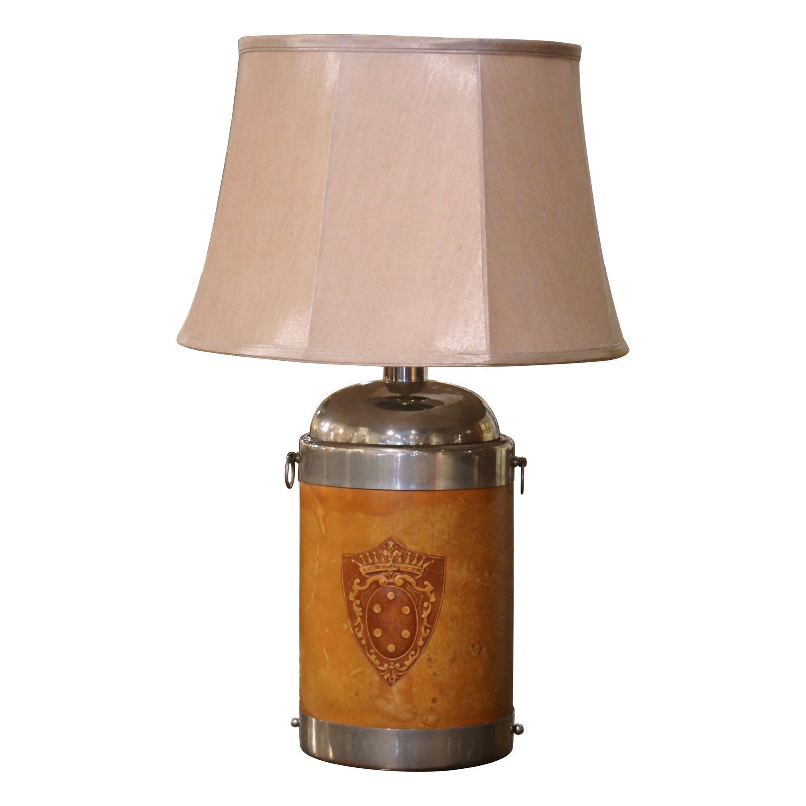 Art Nouveau French Chrome Leather Table Lamp circa 1930: Art Nouveau French Chrome Leather Table Lamp circa 1930 Illuminate your workspace with this elegant early 20th-century French table lamp, meticulously crafted from chrome and leather. Designed in the 