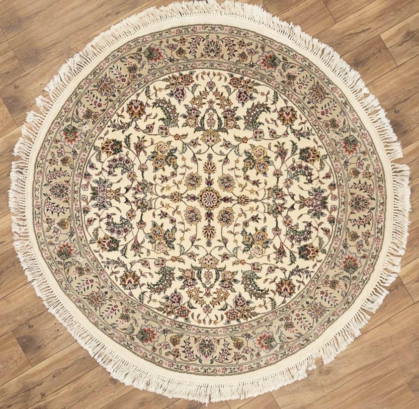 5x5 Ft Round Wool and Silk Floral Hand-Knotted Rug Multicolor Modern: 5x5 Ft Round Wool and Silk Floral Hand-Knotted Rug Multicolor Modern This handmade round oriental rug features a classic floral pattern in a variety of muted colors, including cream, beige, red, green