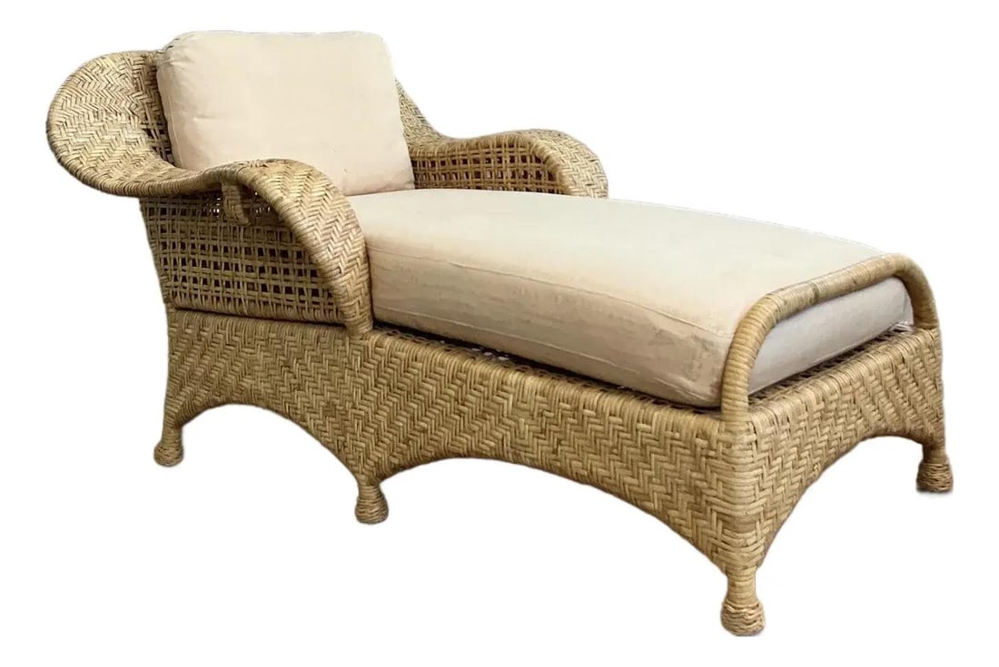 Vintage McGuire Woven Rattan Chaise Lounge Coastal Elegance: Vintage McGuire Woven Rattan Chaise Lounge Coastal Elegance Experience the ultimate in relaxation with this Vintage Coastal McGuire Woven Rattan Chaise Lounge. Meticulously handcrafted, it features a 