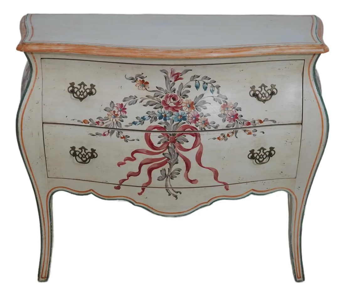 Venetian Hand-Painted Bombe Commode Chest with Brass Hardware: Venetian Hand-Painted Bombe Commode Chest with Brass Hardware This exquisite Venetian Paint Decorated Bombe Commode Chest features a stunning hand-painted decoration that highlights its high-quality c